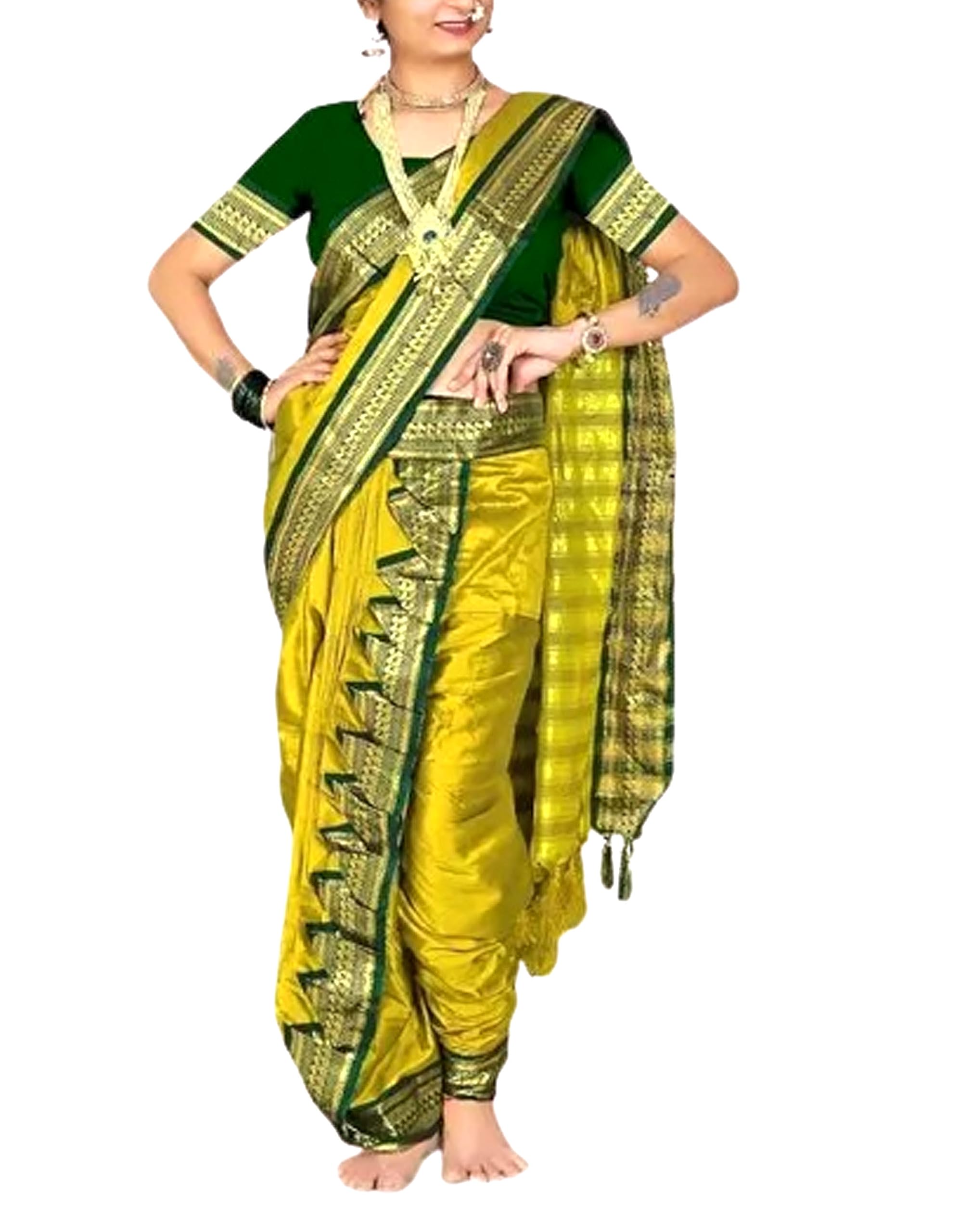 Jolly Women`s Cotton Silk Nauvari Saree Marathi Maharastrian Saree With Contrast Blouse Piece - Yellow