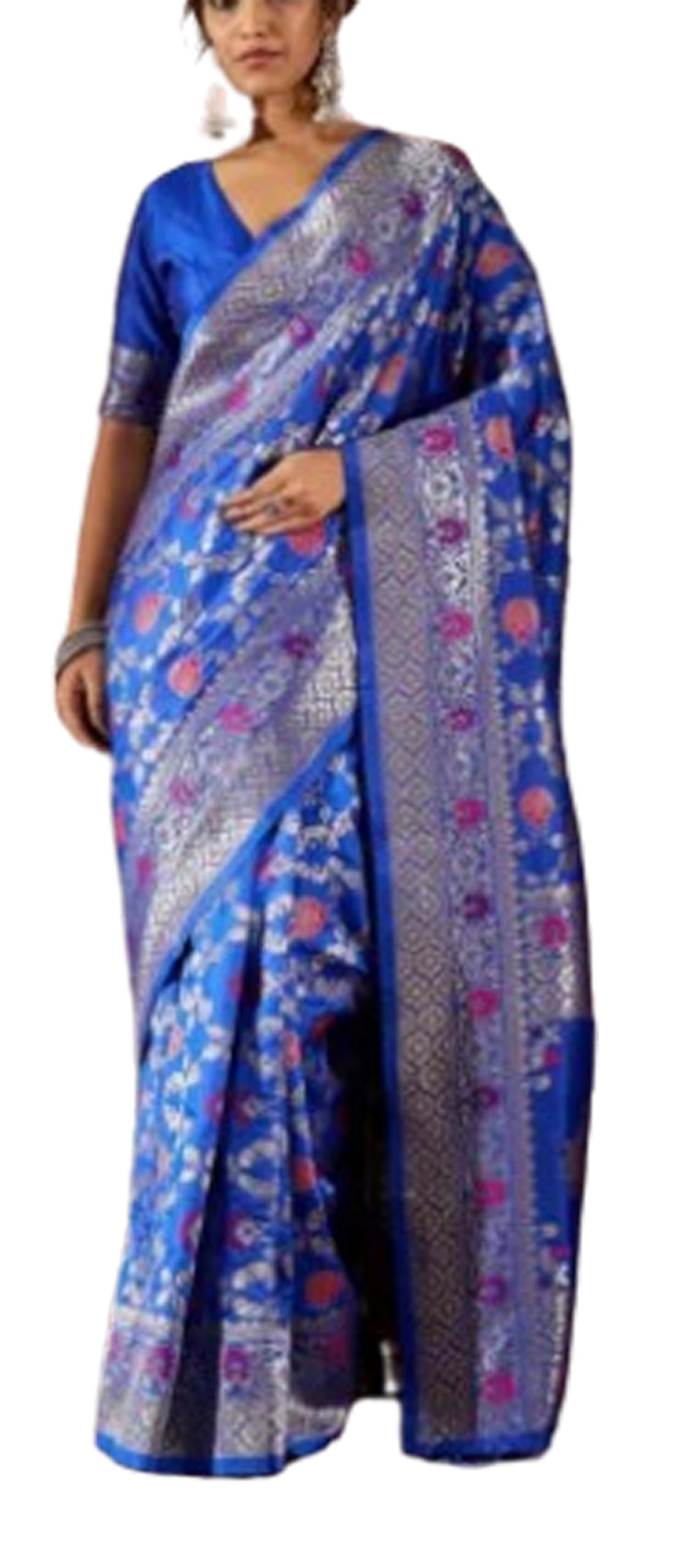 Banarasi soft Silk Rich Pallu Jaquard Zari work All Over Saree With Jaal Work Blouse- Blue