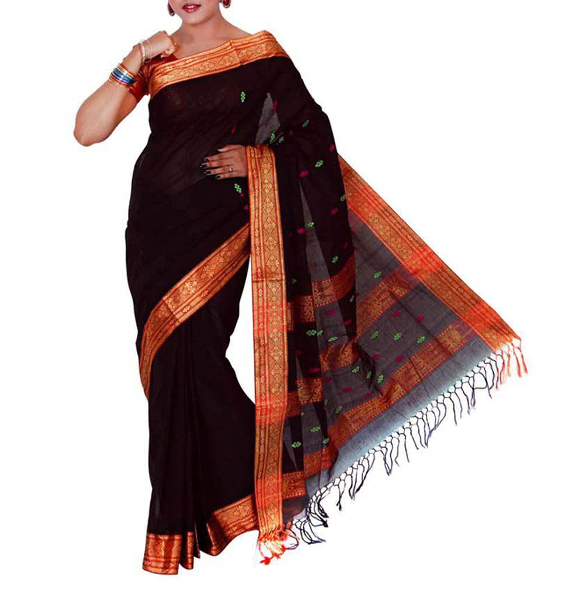 Jolly Enterprise Women’s Tant Saree Pure Fine Cotton By Fulia Handloom (Black)