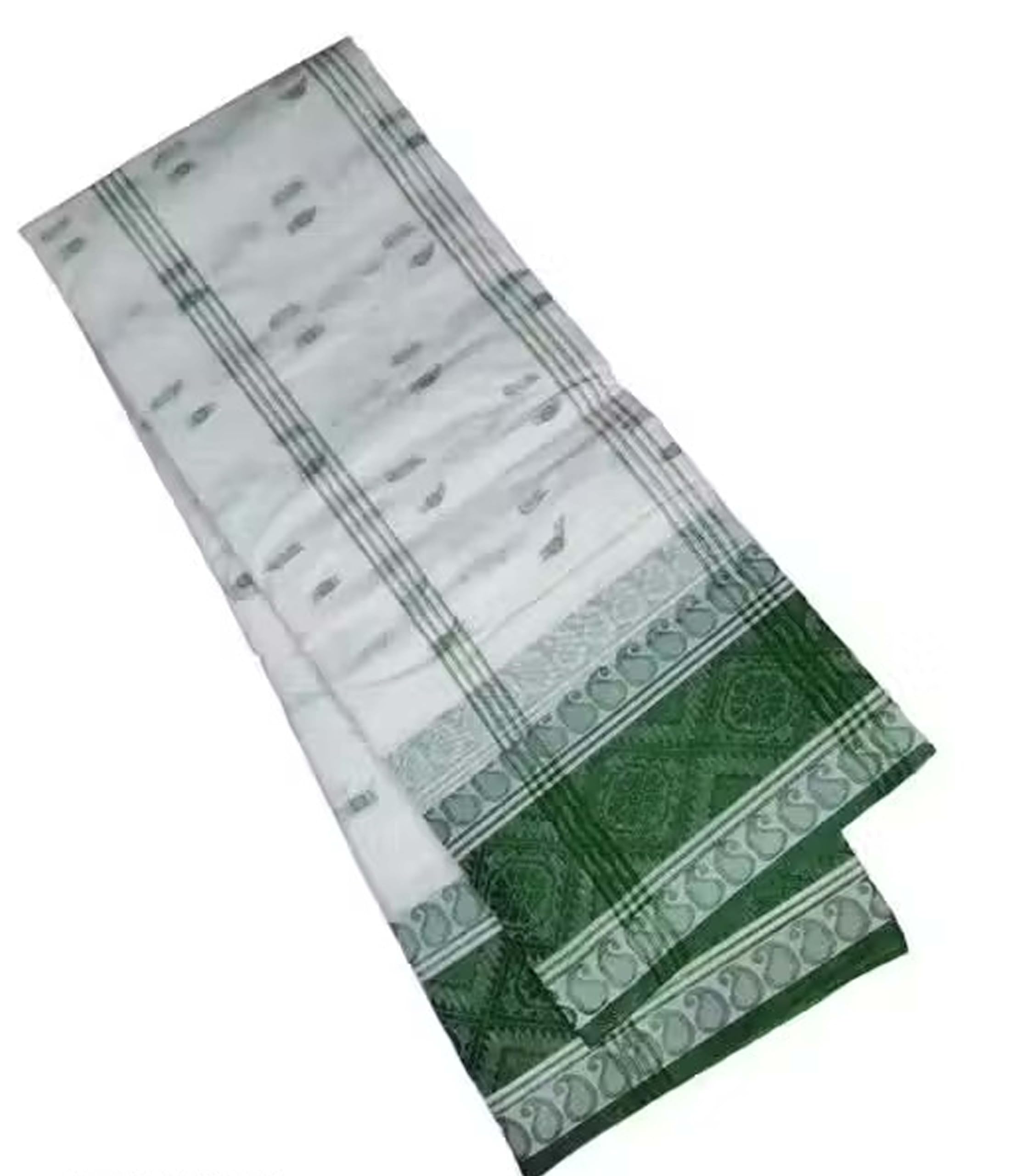 Tant Saree Pure Fine Cotton By Fulia Handloom - White Olive Green