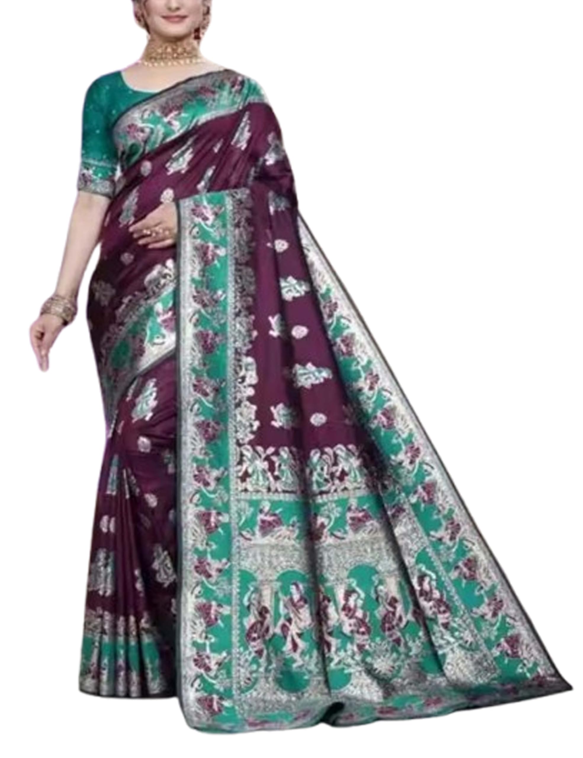 Women`s Pure Baluchari Saree Handwoven Traditional Design With BP - Purple Green