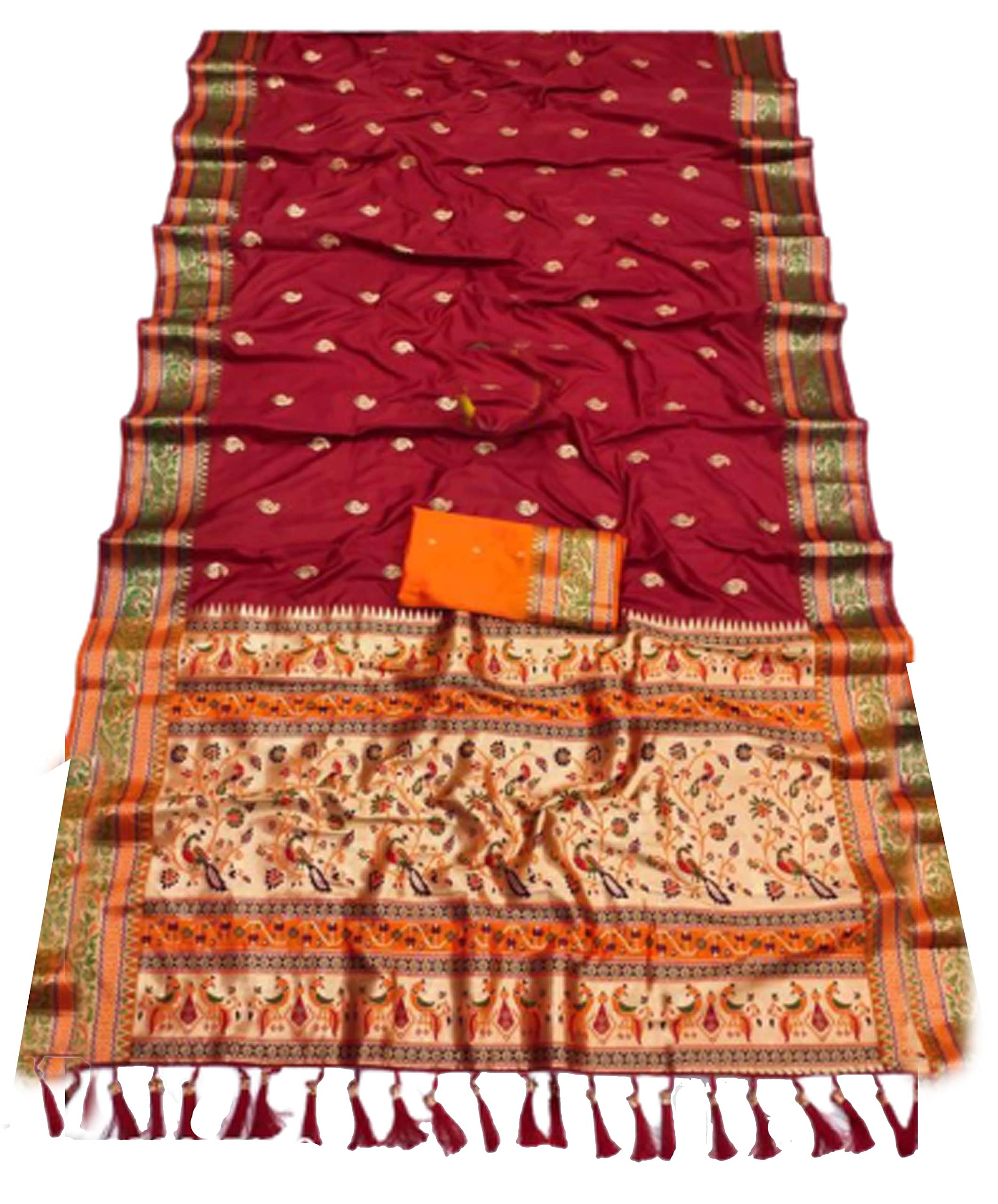 Jolly Women`s Paithani Silk Saree With Traditional Woven Peacock Design with Contrast Blouse Piece - Maroon