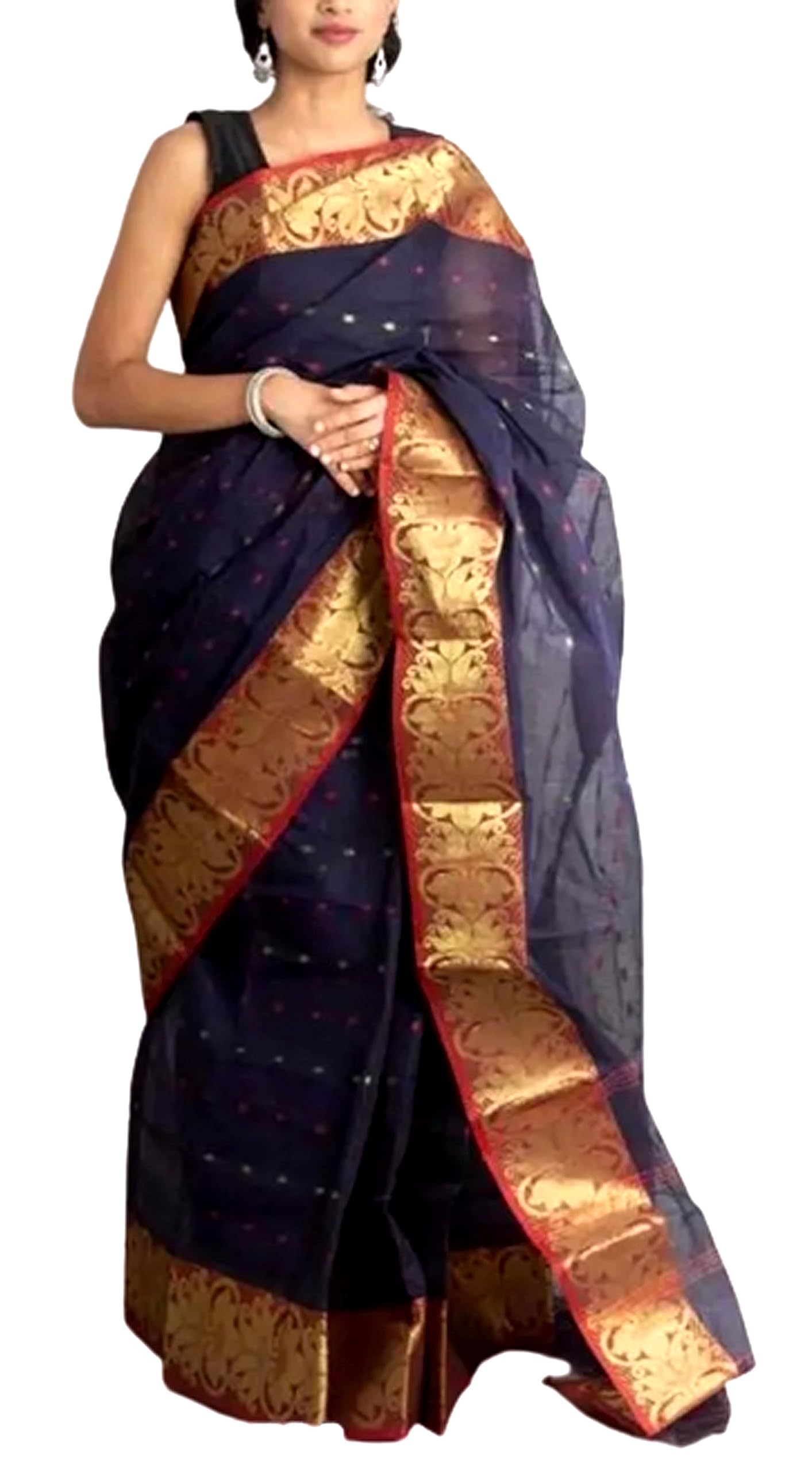Tant Saree Pure Fine Cotton By Fulia Handloom Without Blouse (Black)