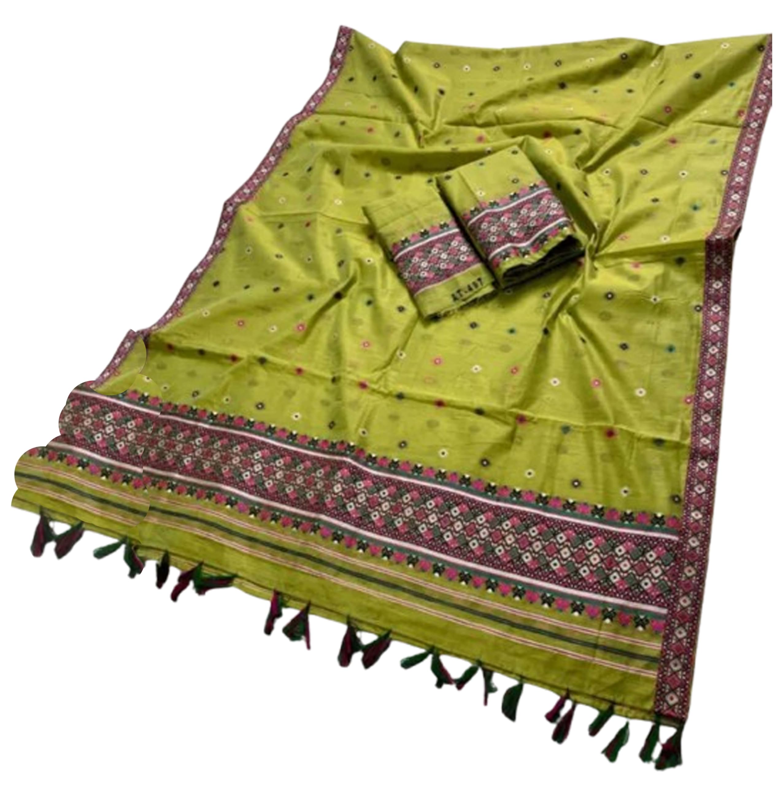 Women`s Assamese Mekhela Sador Paat Santal Panchi Lungi Parhar Fabric of Soft Silk Traditional Design- Olive Green Buti