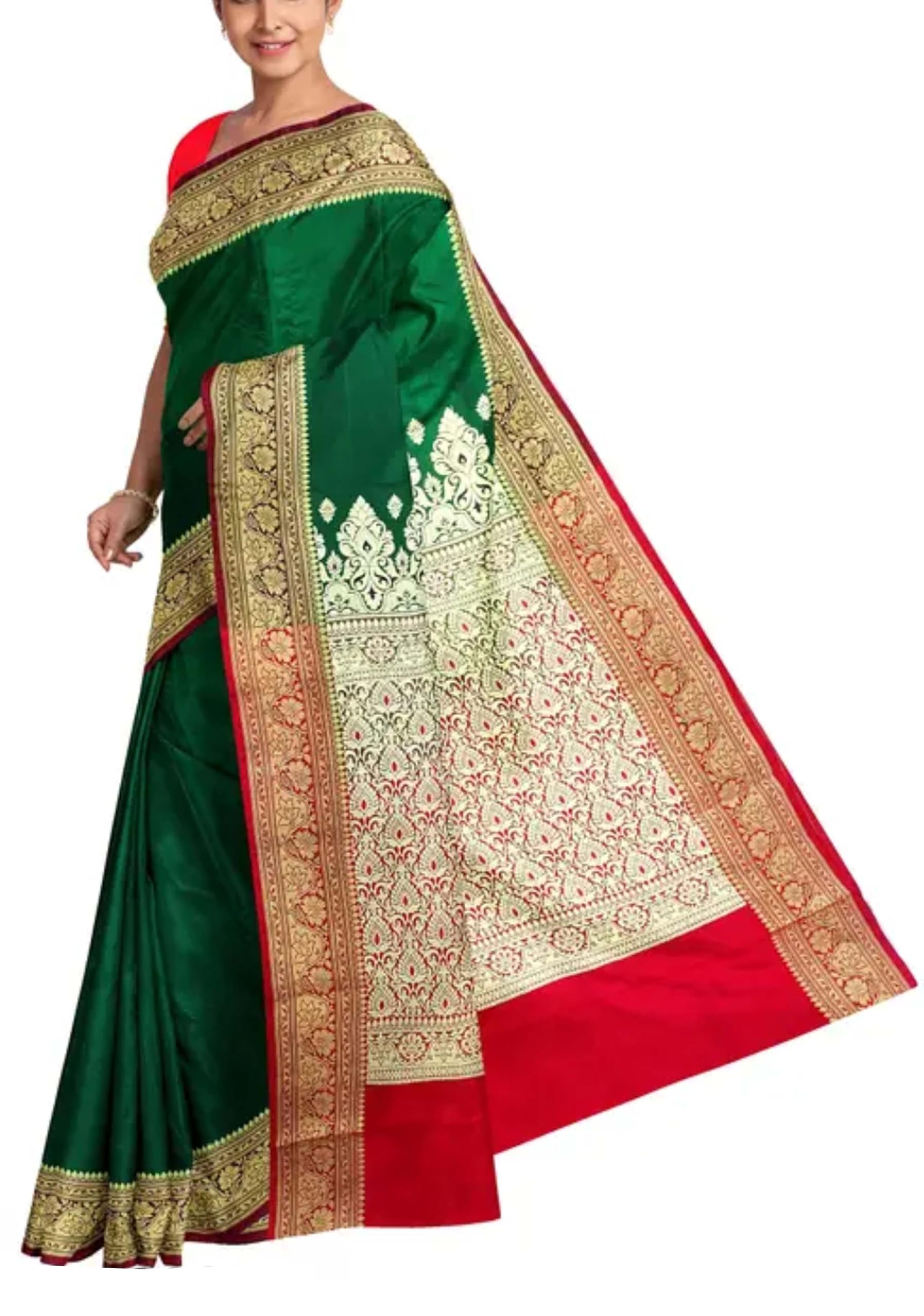 Banarasi Soft Satin Silk Rich Pallu Small Buti With Matching Blouse- Red Green