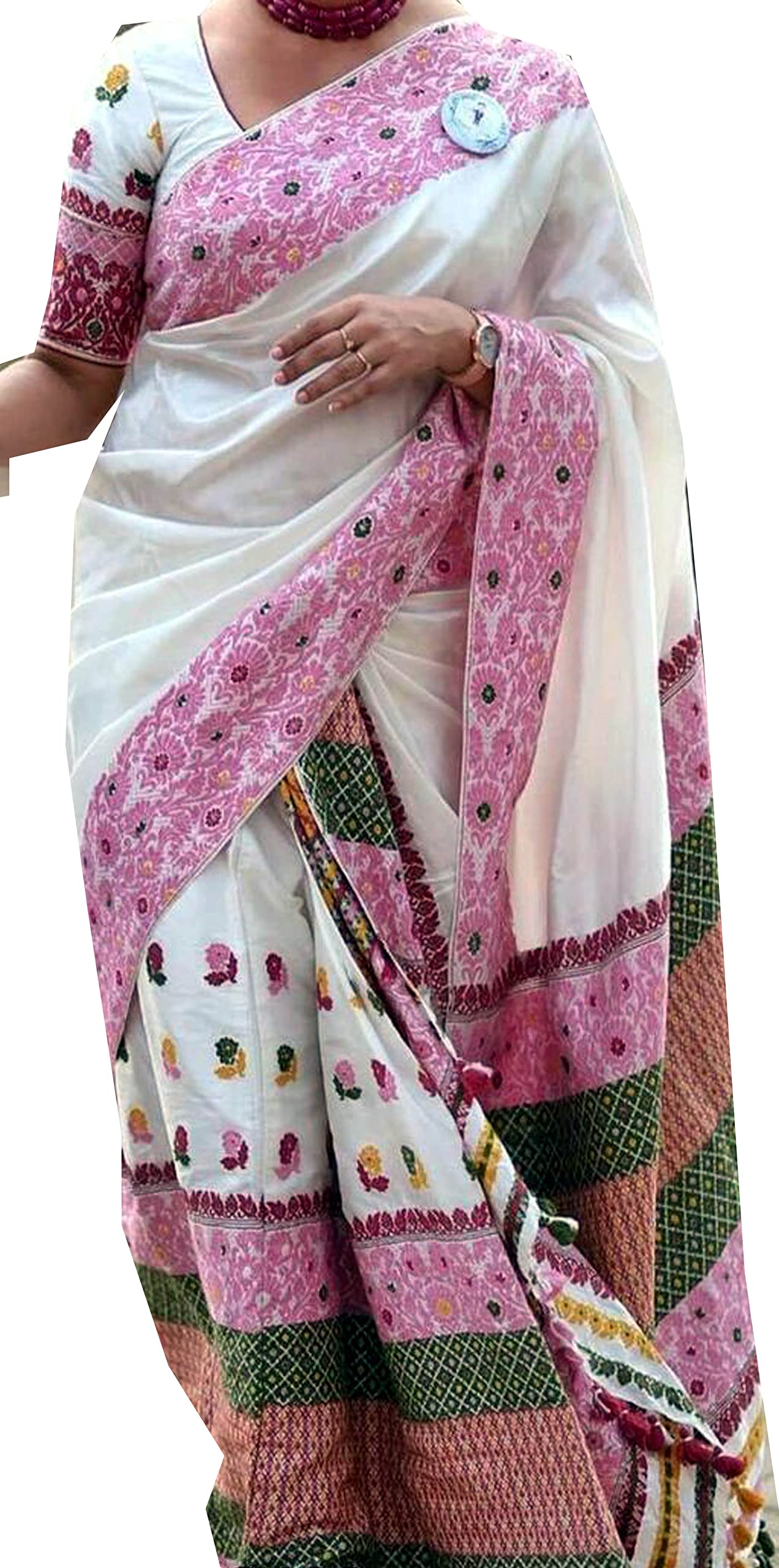Jolly Enterprise Women`s Assamese Mekhela Sador Fabric of Soft Silk Traditional Design- White