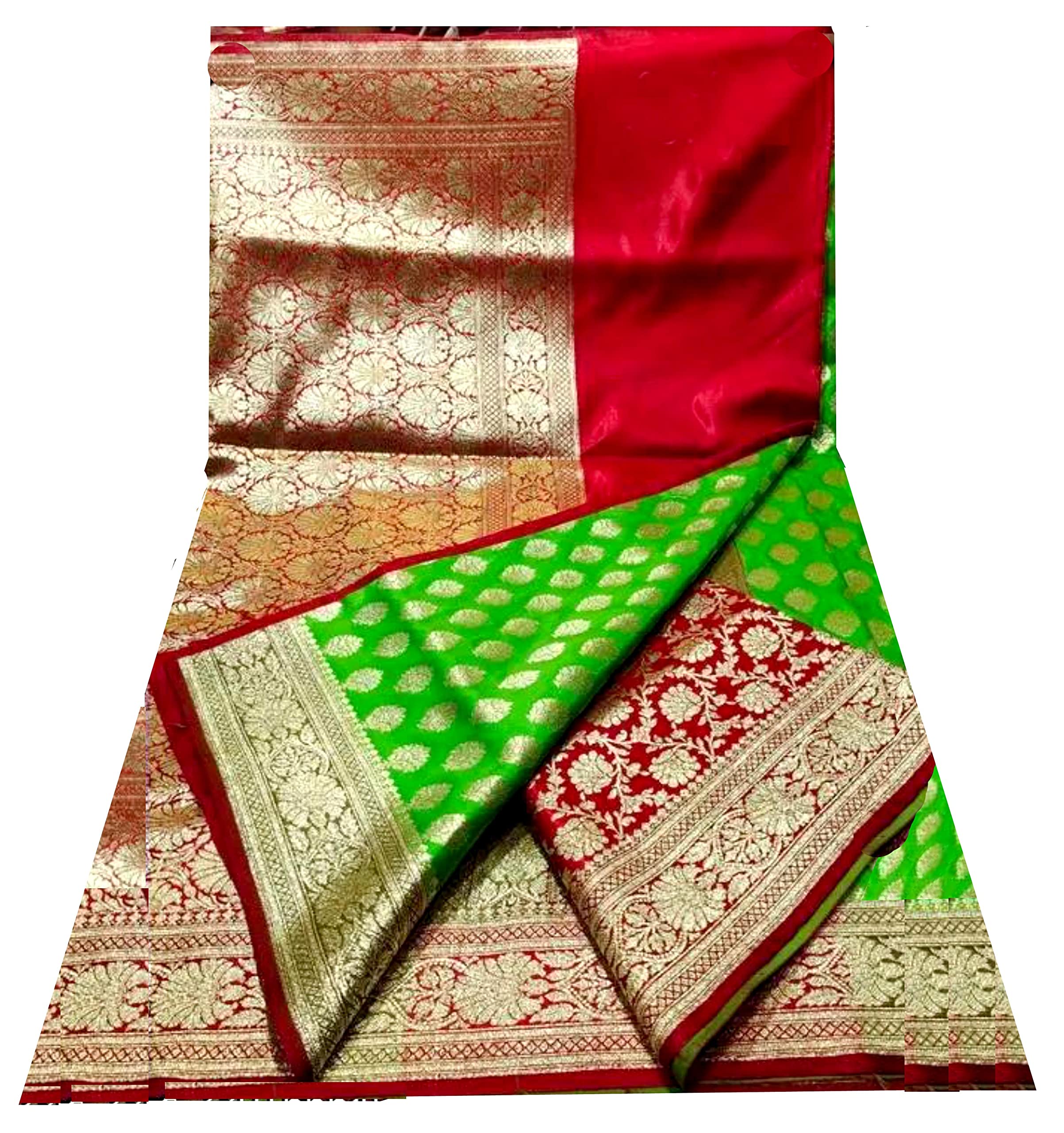 Womens Jolly Banarasi Katan Silk Saree With All Over Golden Zari Border - Parrot Green Red