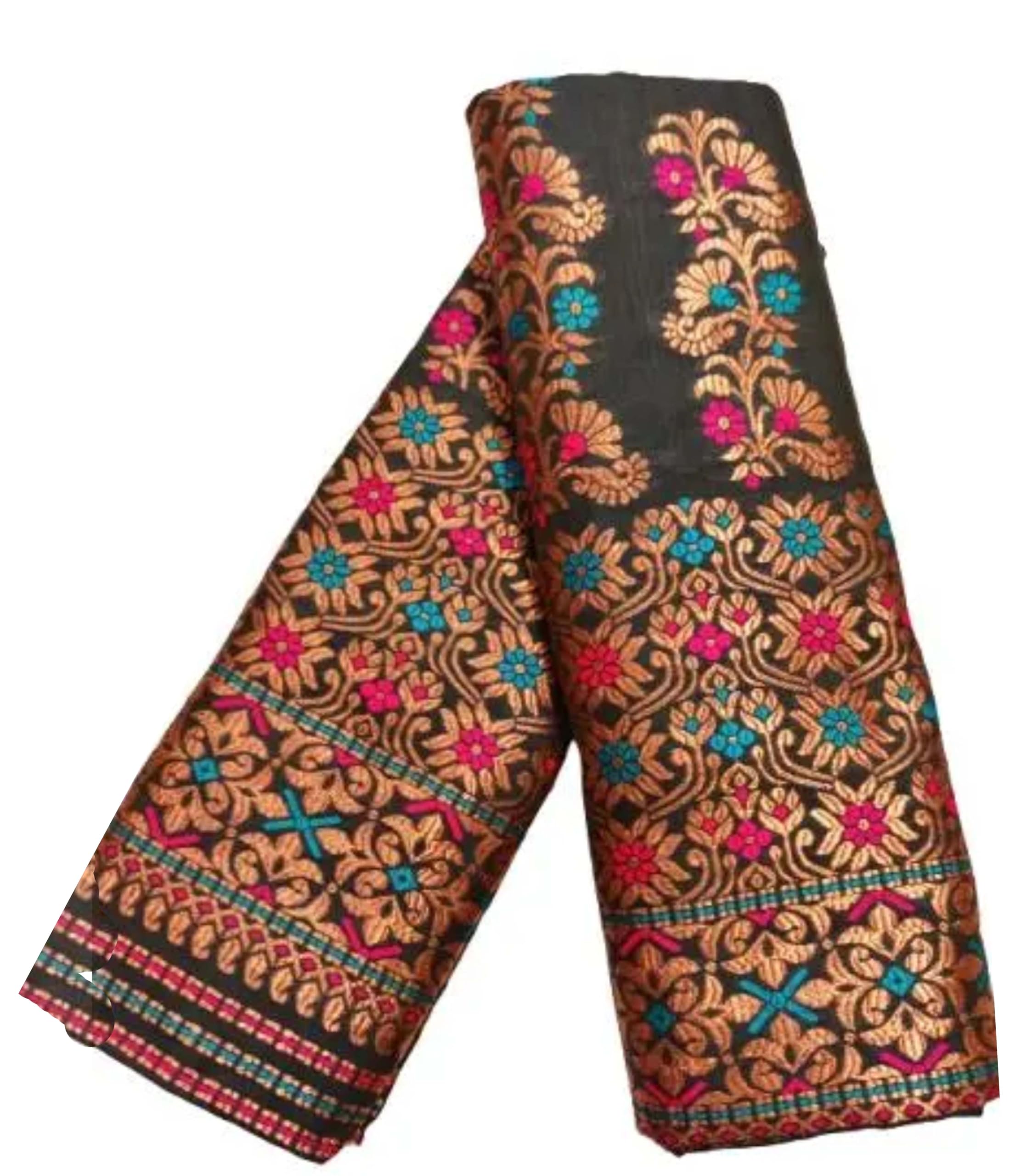 Women`s Assamese Mekhela Sador Paat Santal Panchi Lungi Parhar Fabric of Soft Silk Traditional Design- Black Red Flower