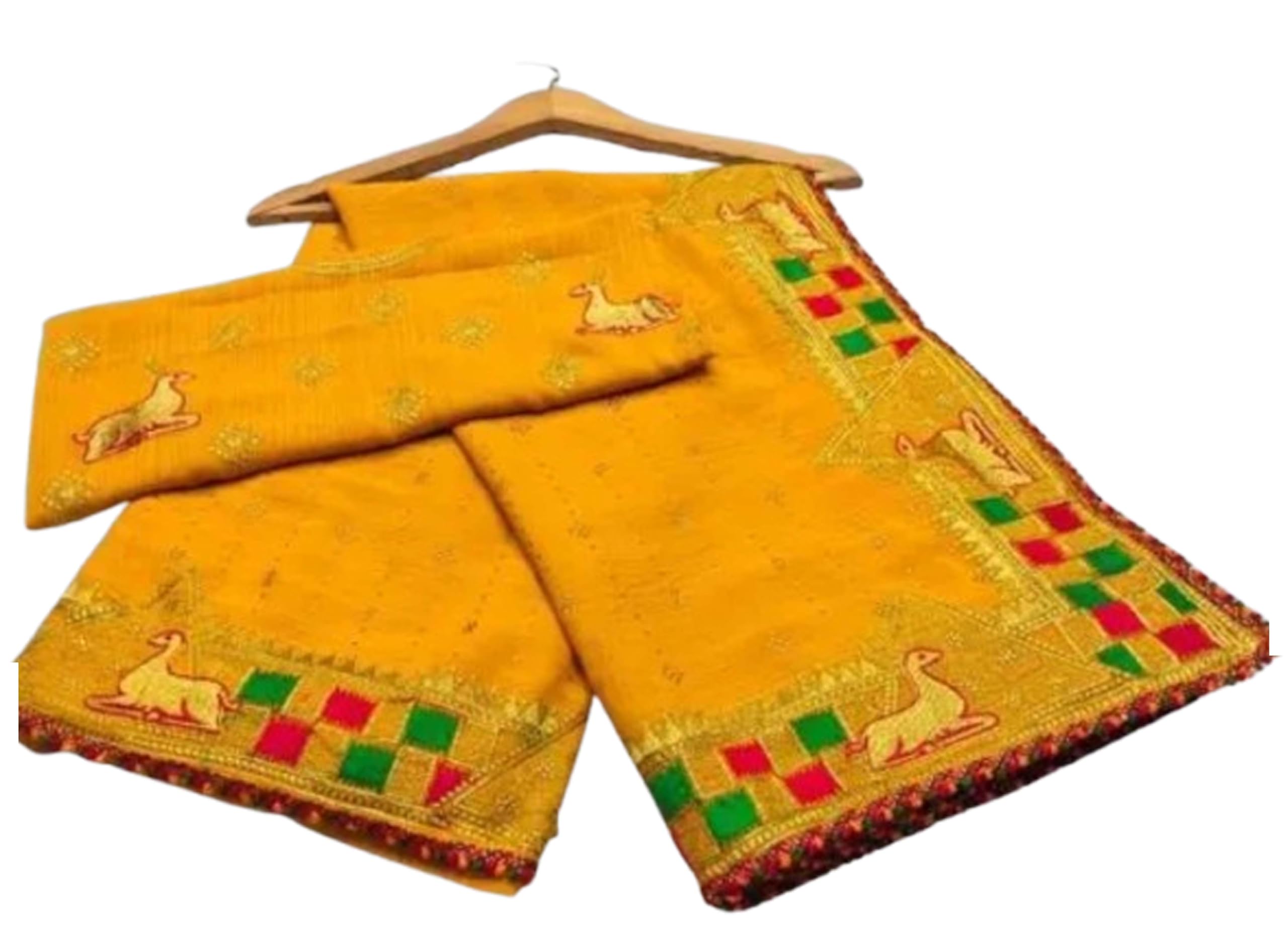 Women`s Georgette Embroidery Stylish Mirror Work Pallu With Blouse Piece - Yellow