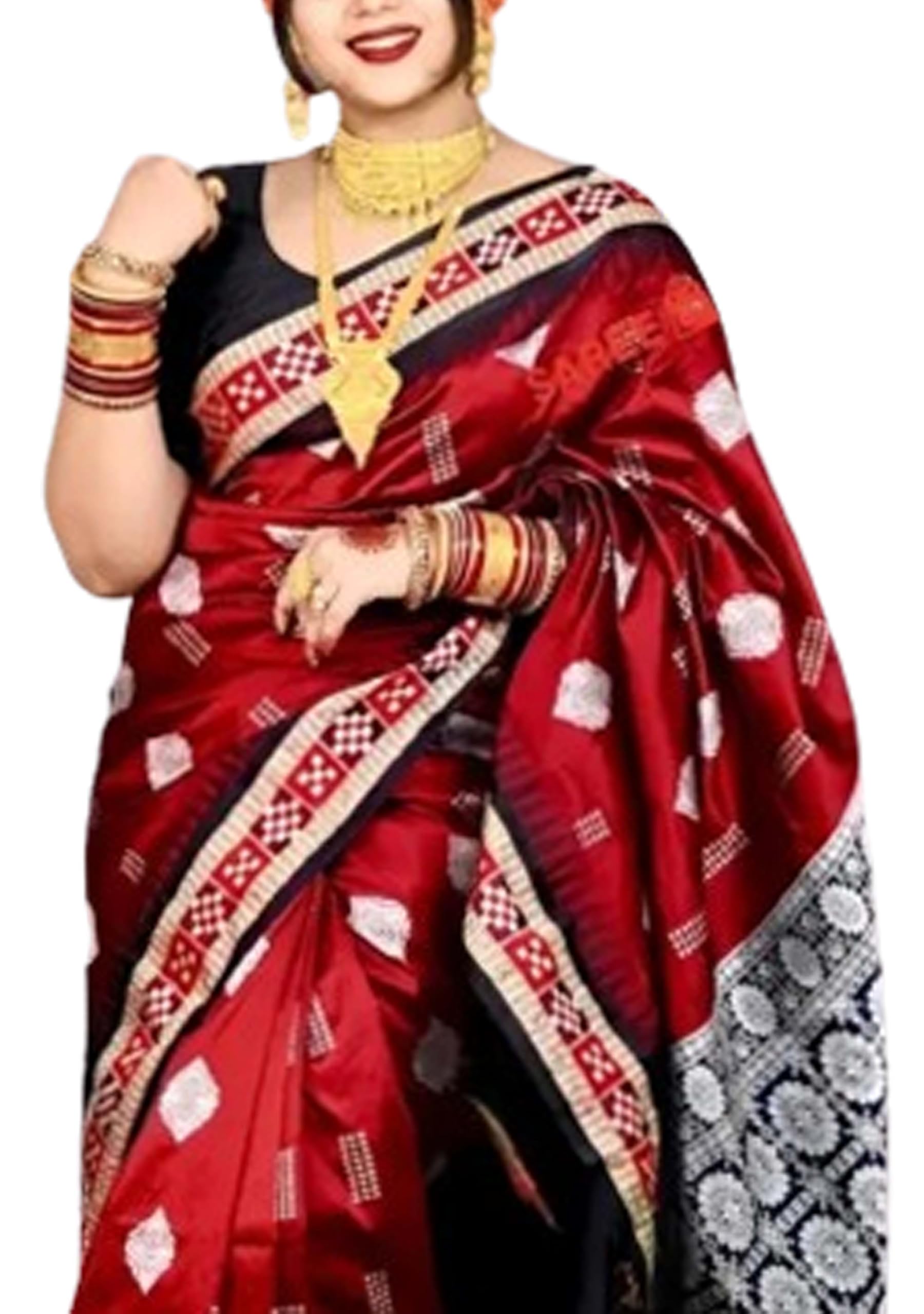 Jolly Women`s Sambalpuri Satin Silk Saree With Traditional Design with Blouse Piece -Maroon Design