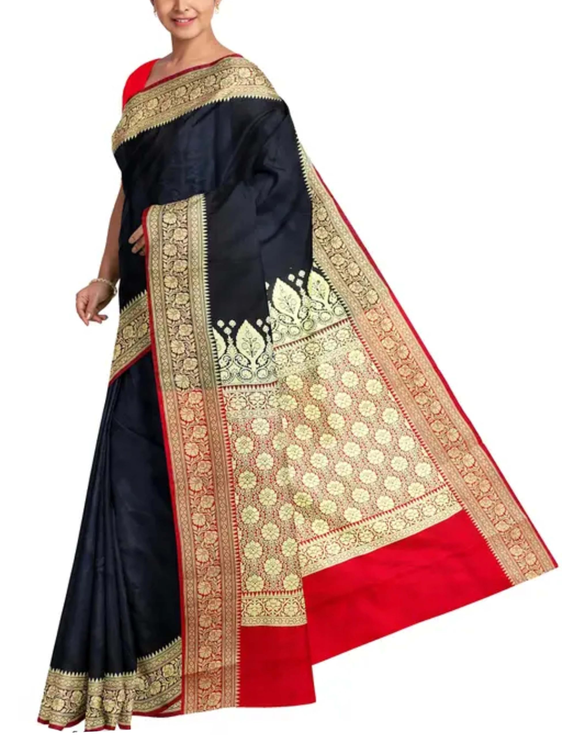 Banarasi Soft Satin Silk Rich Pallu Small Buti With Matching Blouse- Black Red