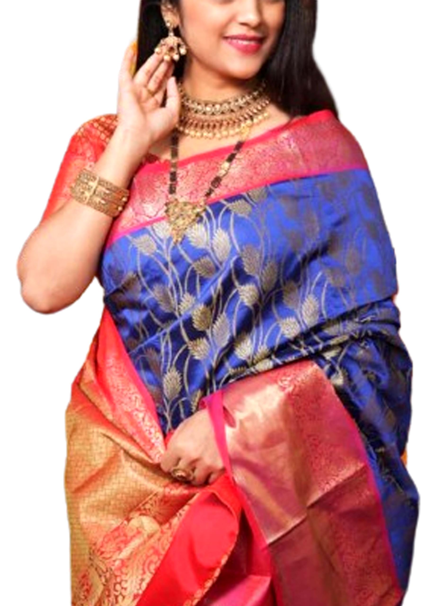 Jolly Women's Woven Kanjivaram Wedding Silk Festive Saree With Blouse Piece - Blue Red