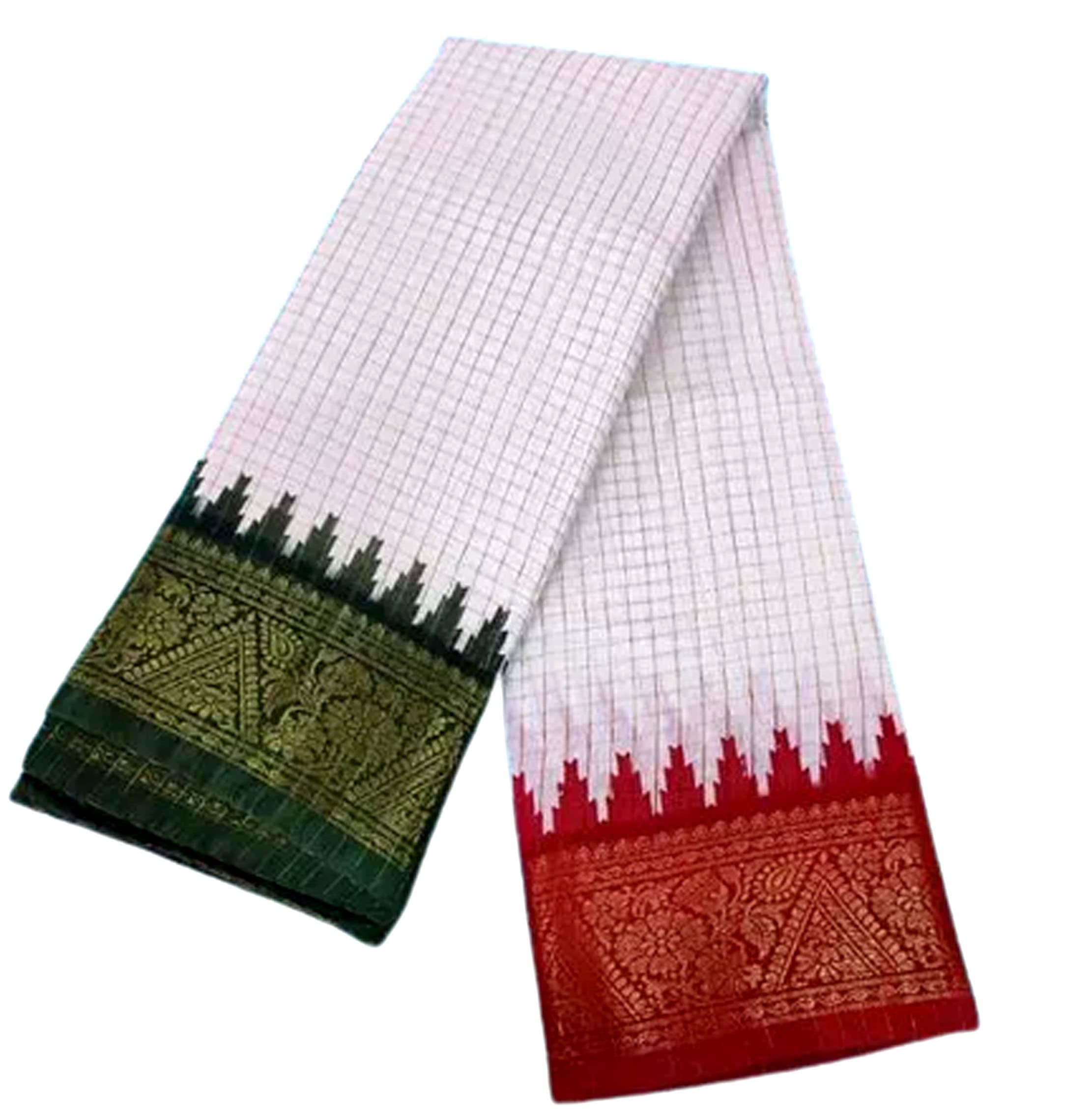 Jolly Women`s Madurai Pattu Cotton Silk With Blouse - White Green