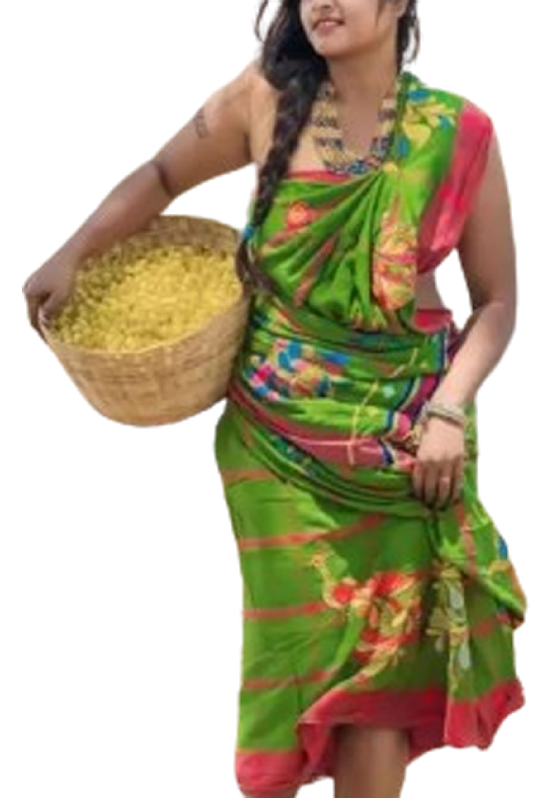 Jolly Women’s Santali Saree Adibasi Tribal Design Pure Tussar With Embroidered Blouse - Olive Green
