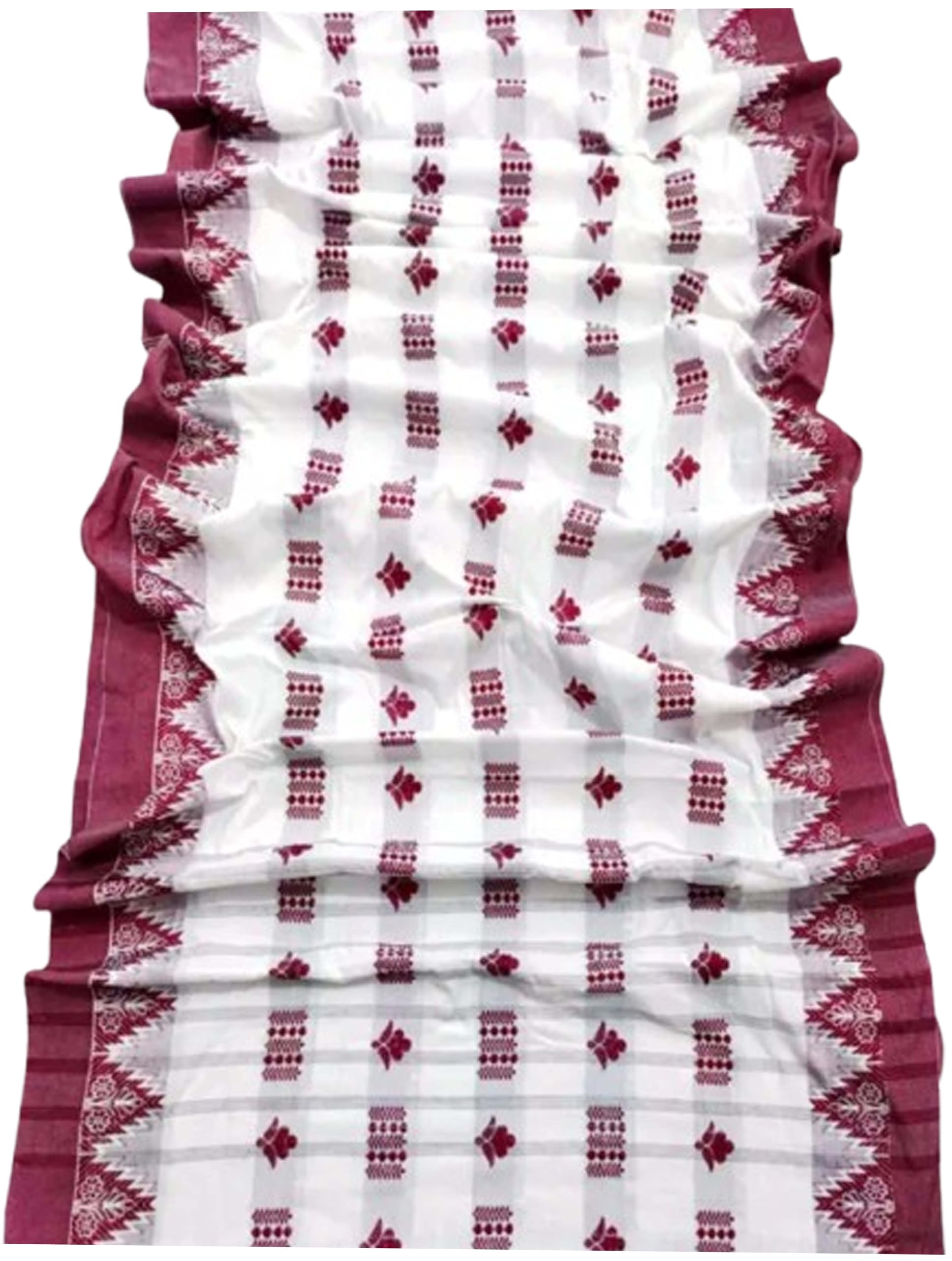 Jolly Durga Puja White Maroon Khadi Cotton Tant Saree