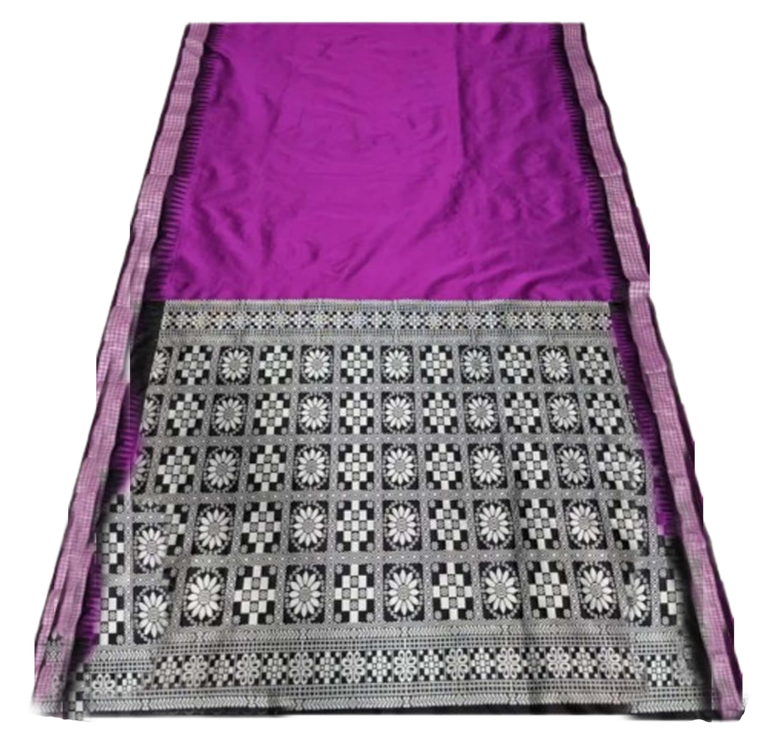 Jolly Women`s Sambalpuri Embroidery Satin Silk Saree Bomkai Border With Traditional Design with Blouse Piece - Purple Black