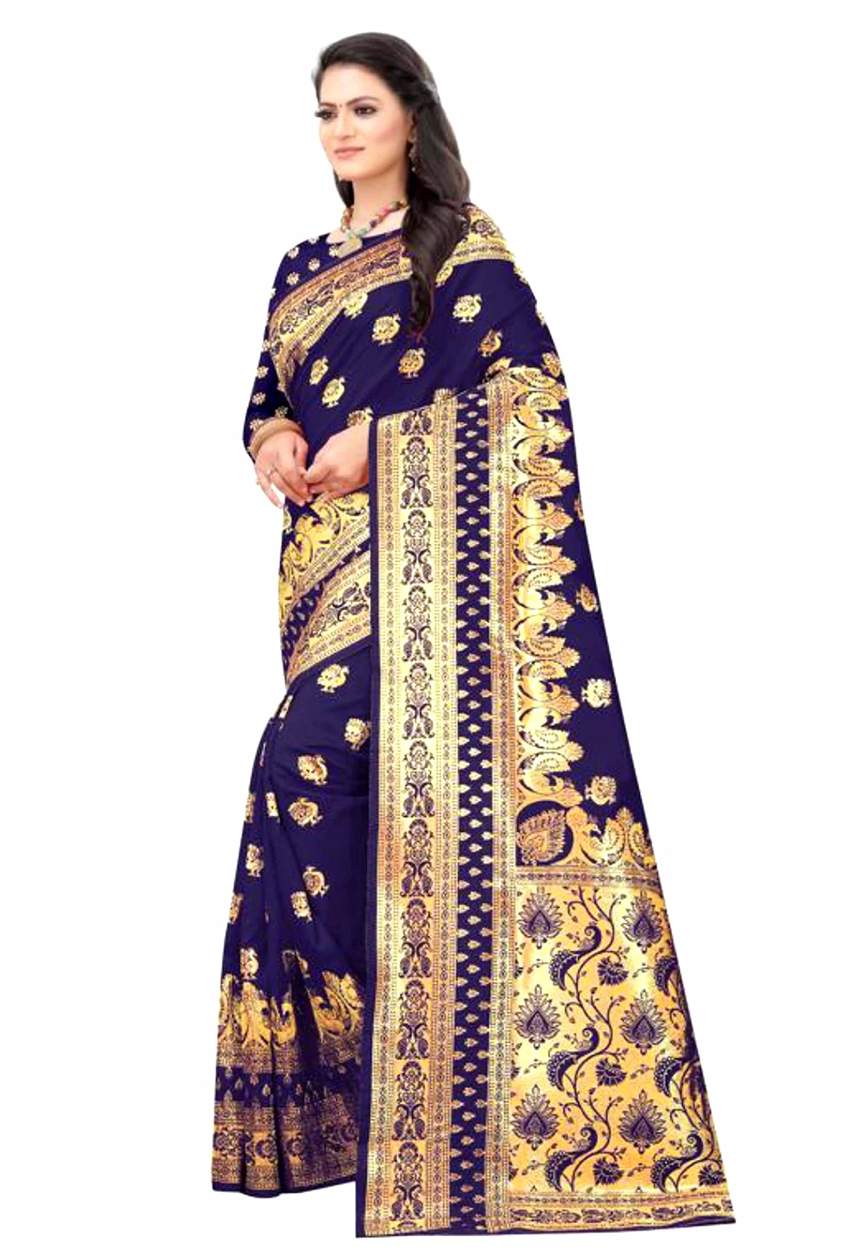 Banarasi soft Silk Rich Pallu Jaquard Zari work All Over Saree With Same Matching Blouse- Navy Blue