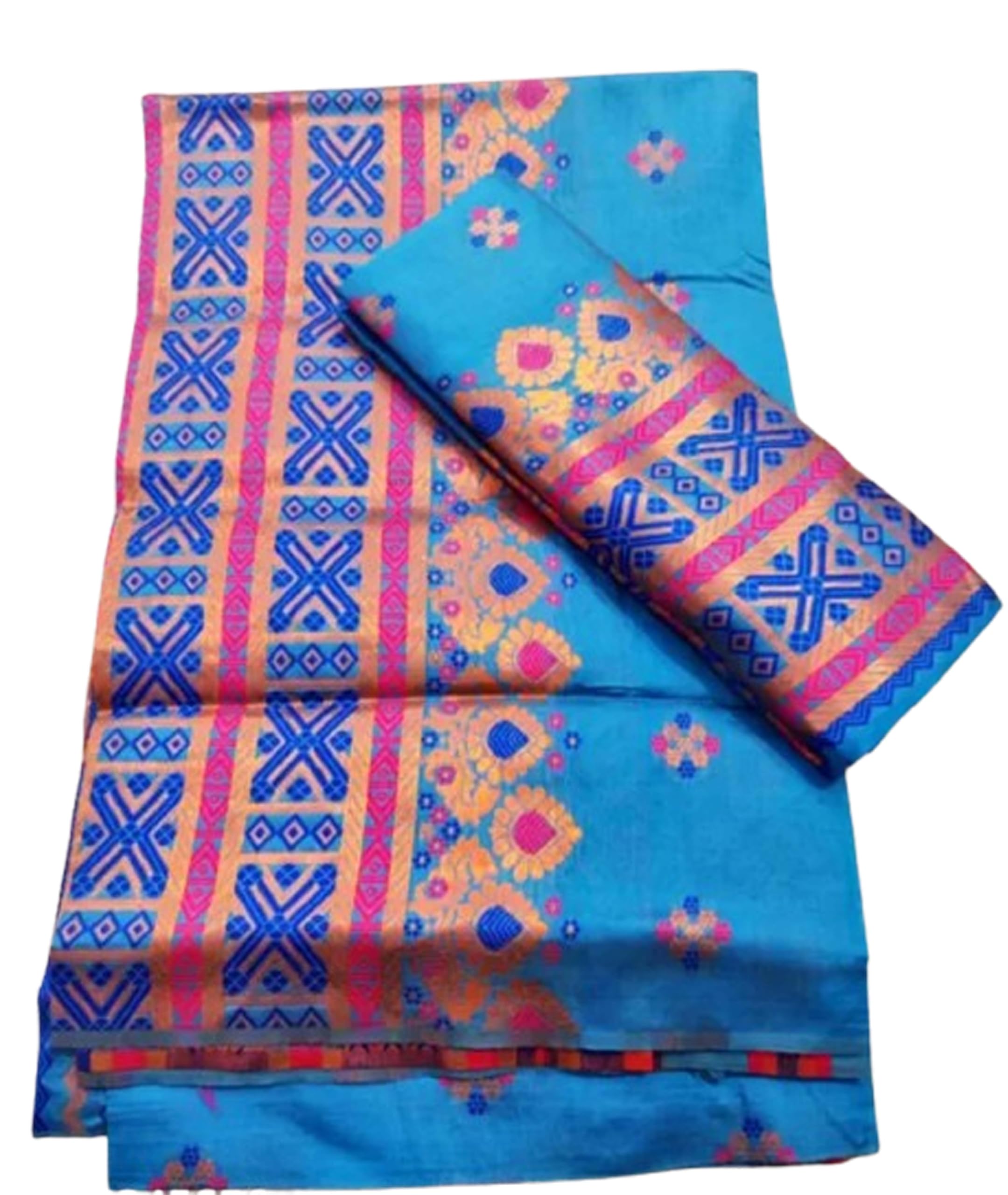 Women`s Assamese Mekhela Sador Paat Santal Panchi Lungi Parhar Fabric of Soft Silk Traditional Design-Blue Gold