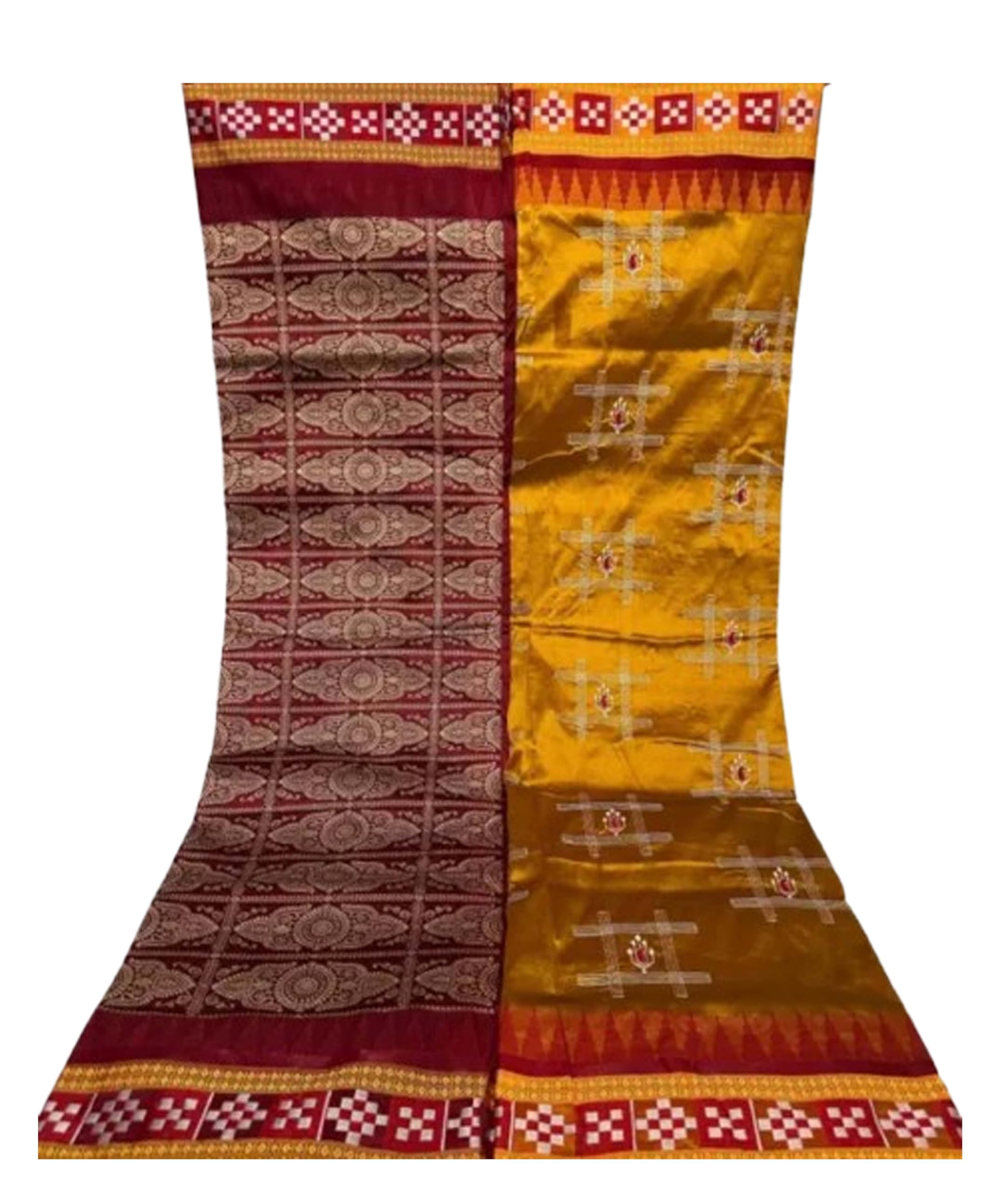 Jolly Women`s Sambalpuri Embroidery Satin Silk Saree Traditional Design with Blouse Piece - Mustard Red