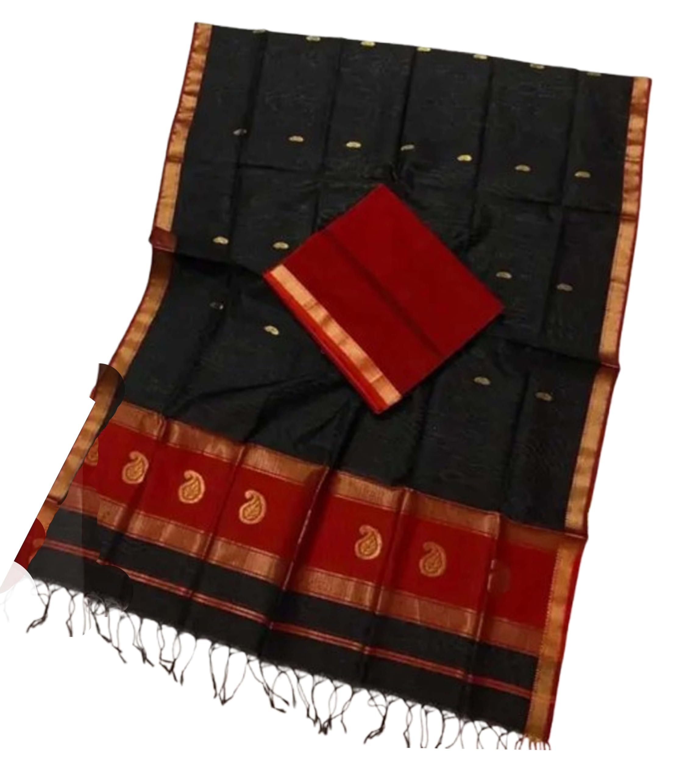Women’s Handloom Cotton Silk Saree Mango Design Pure Fine By Fulia Tant With Blouse-Black Red