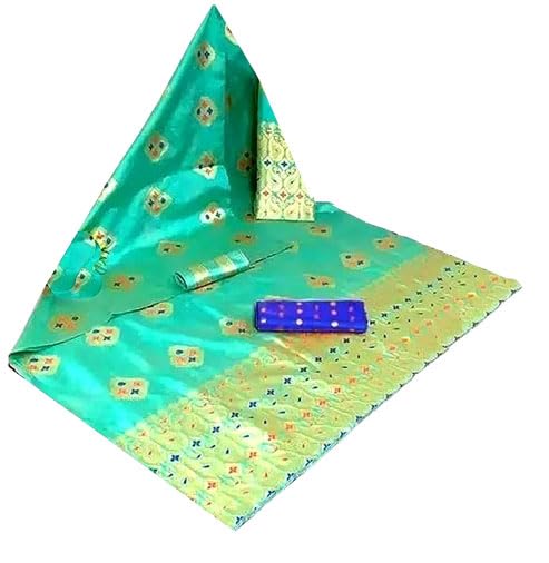Women`s Assamese Assamese Mekhela Sador Paat Santal Parhar Fabric of Soft Mix Pat Silk Traditional Design-Sea Green