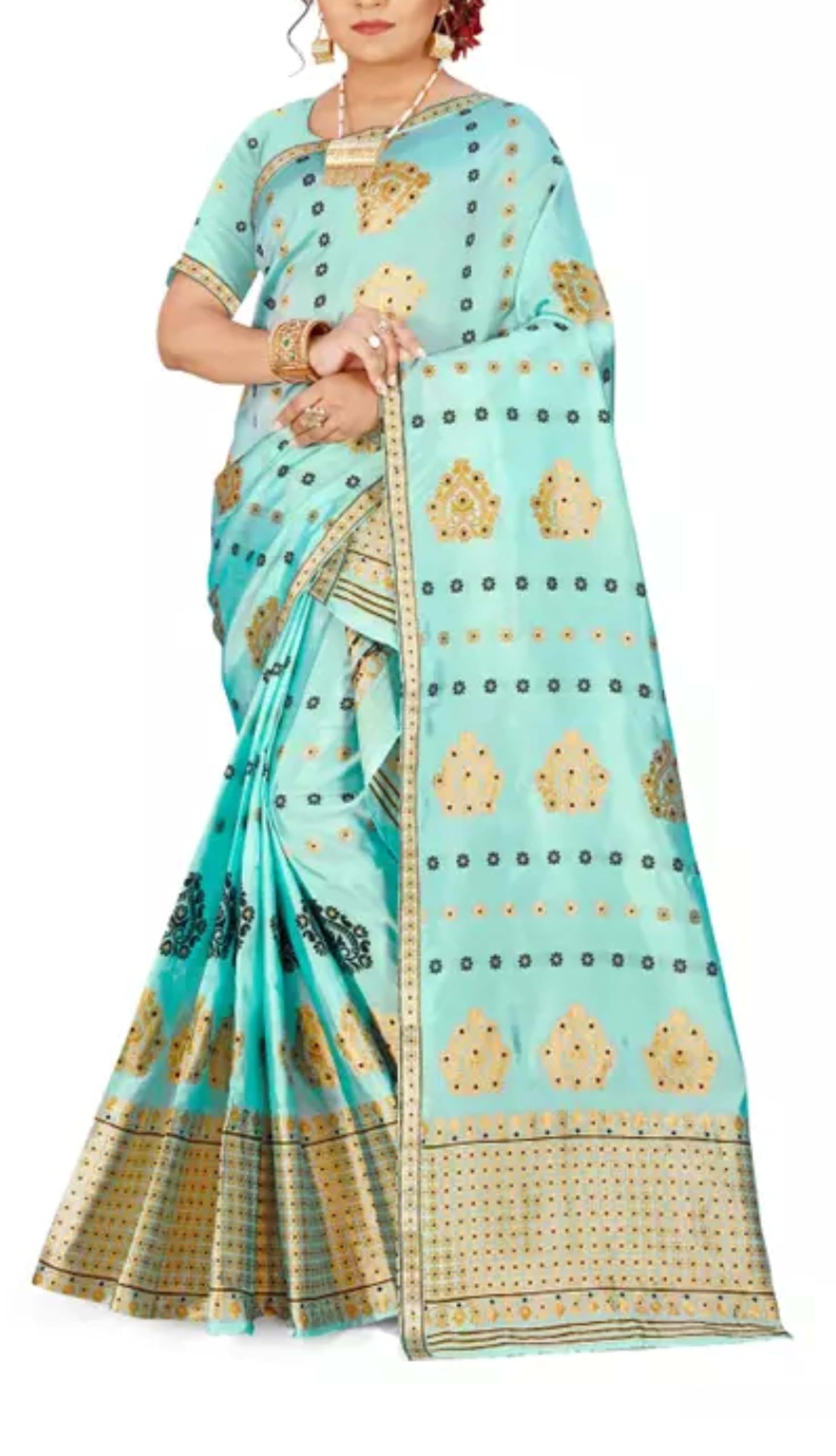 Women`s Assamese Mekhela Sador Paat Santal Panchi Lungi Parhar Fabric of Soft Silk Traditional Design- Aqua Turquise