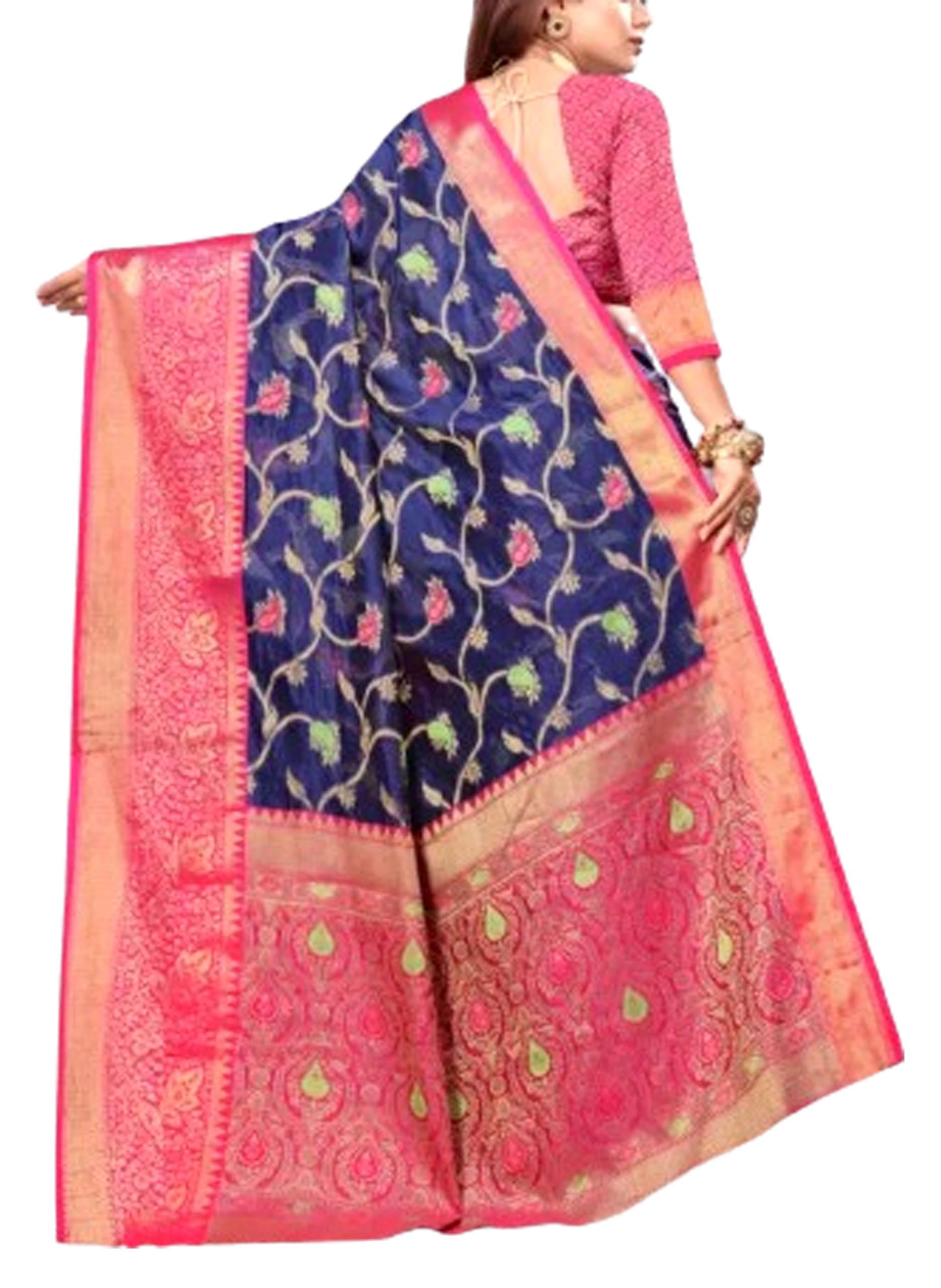 Banarasi soft Silk Rich Pallu Jaquard Zari work All Over Saree With Jaal Work Blouse- Pink Blue
