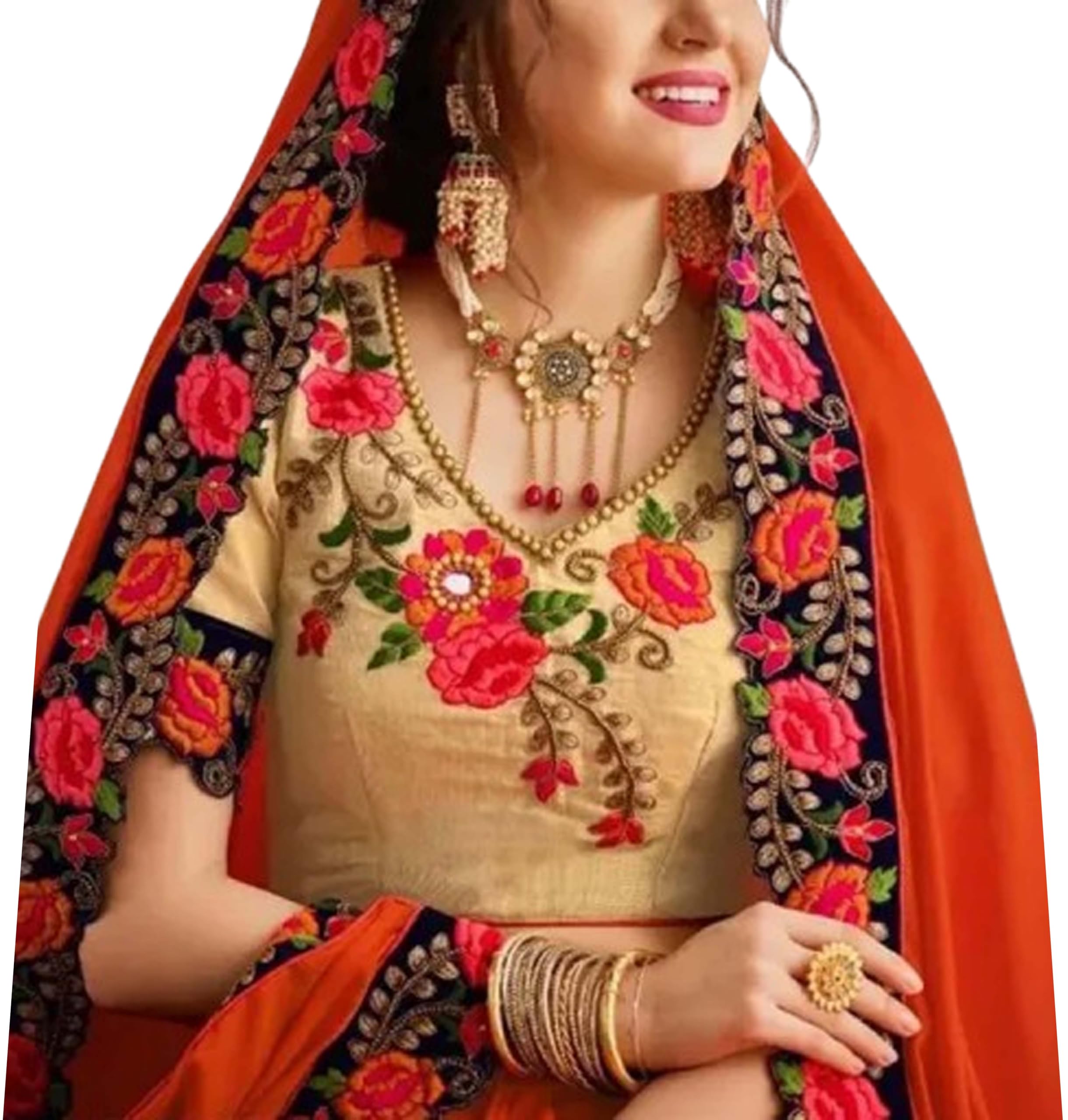 Women`s Wedding Wear Bridal Silk Saree - Orange Black