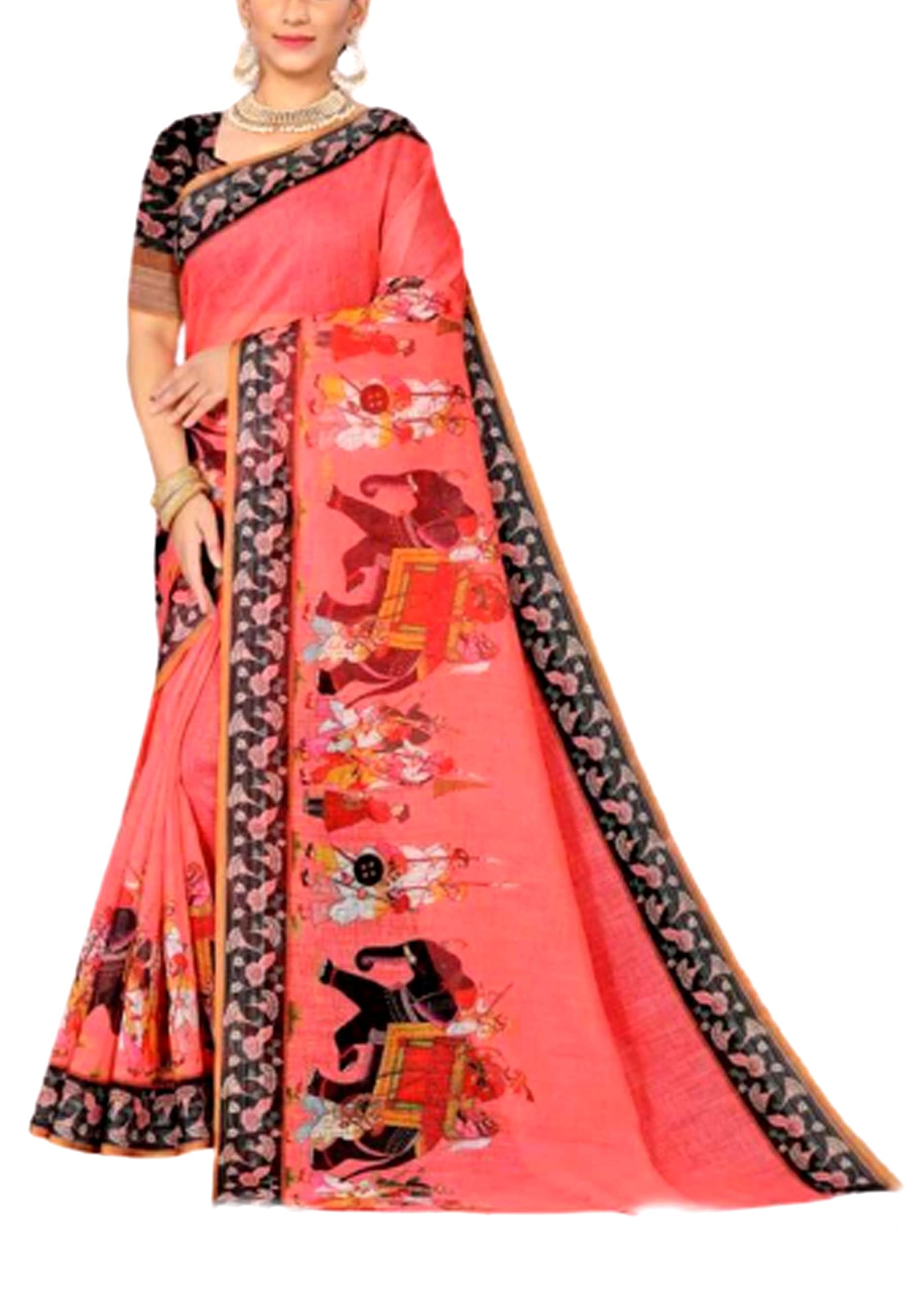 linen Saree Mughal Elephant Emperor Silk With Blouse Piece