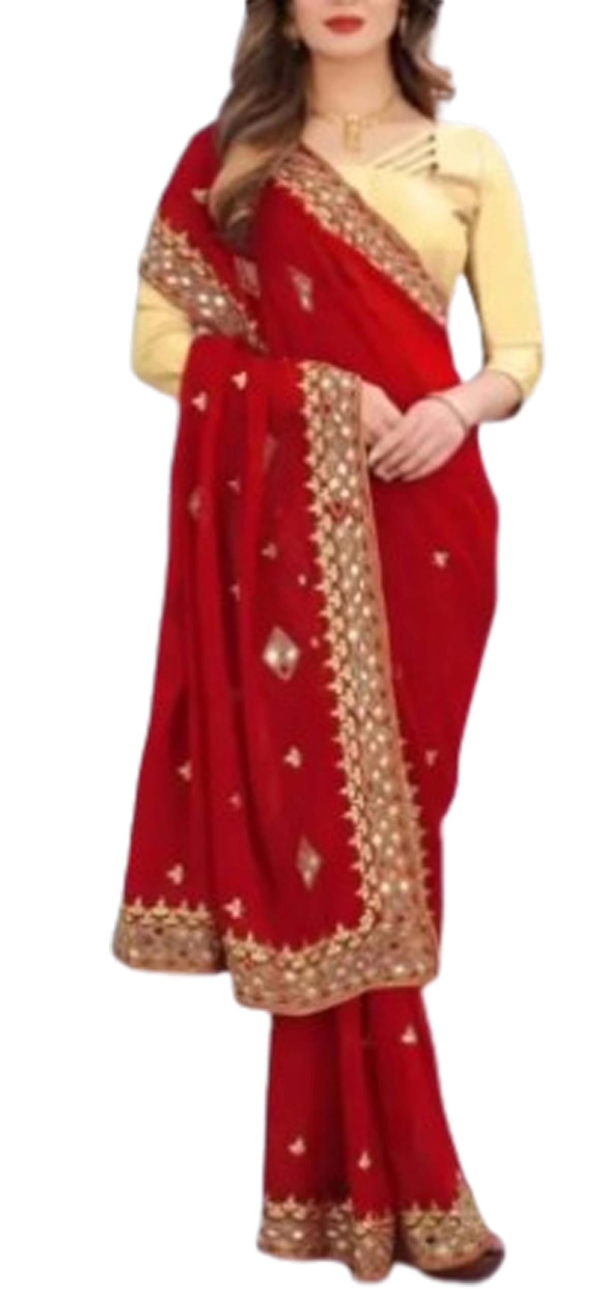 Women`s Georgette Embroidery Stylish Mirror Work Pallu With Blouse Piece - Red