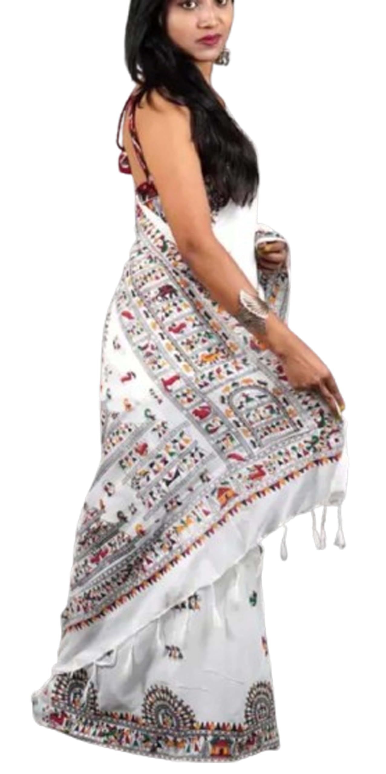 Women`s Madhubani Print Khadi Cotton Saree with Blouse Piece - White