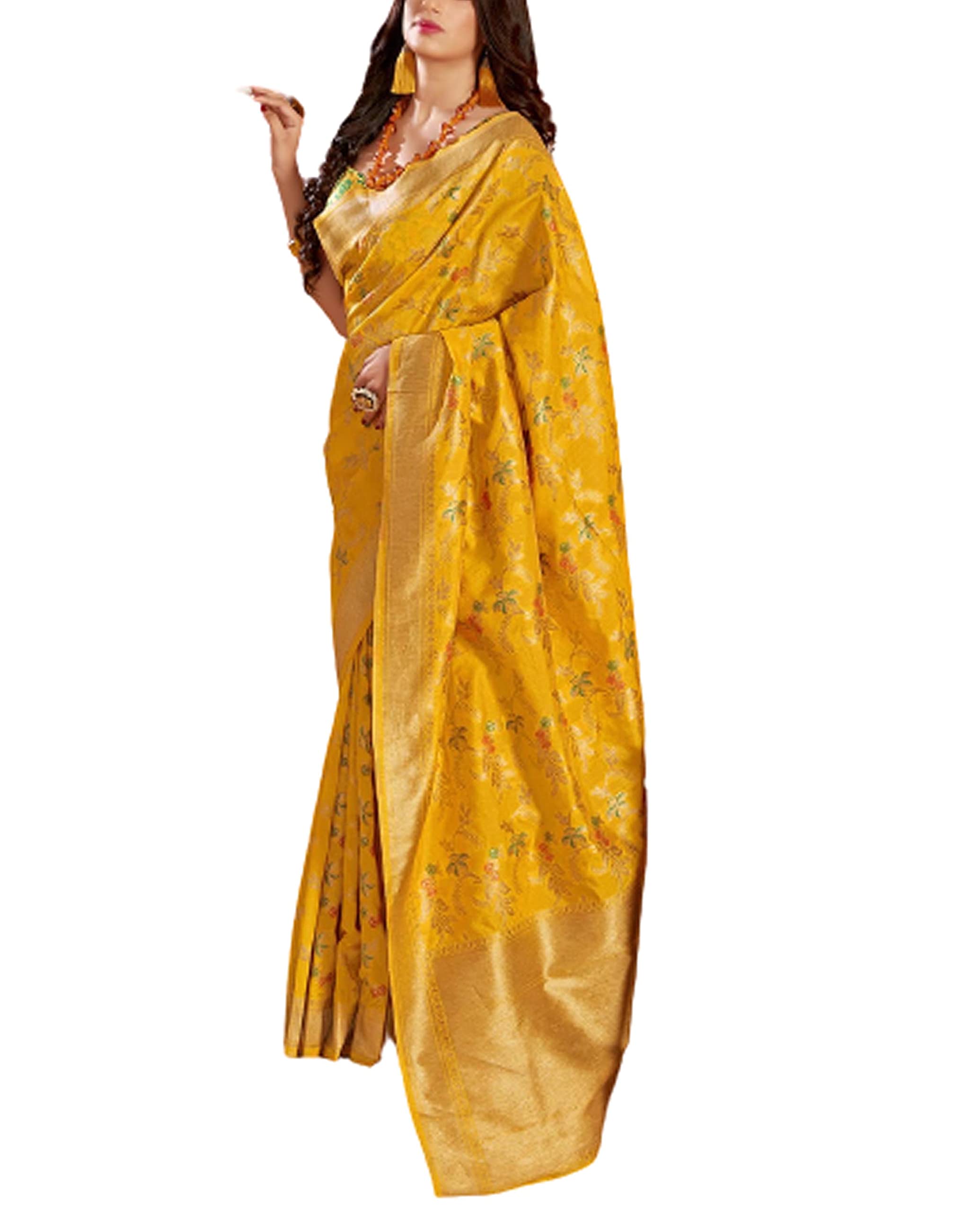 Bridal Banarasi Katan Silk Saree Jacquard and Zardosi Jaal Work with All over Zari Border - Yellow