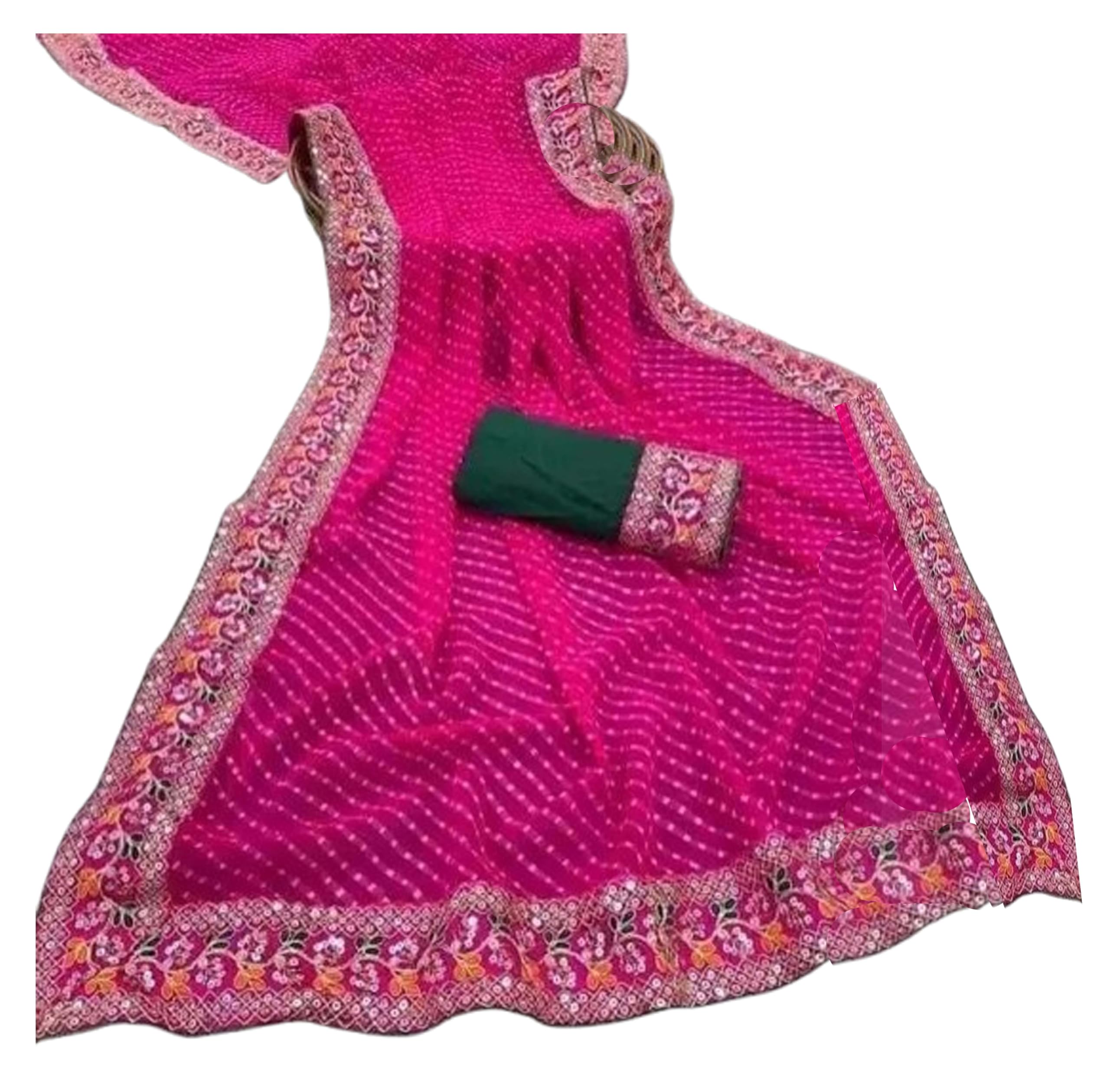 Women`s Bandhani Bandhej Lehariya Saree Embroidered Lace Brodar With Blouse Piece - Pink