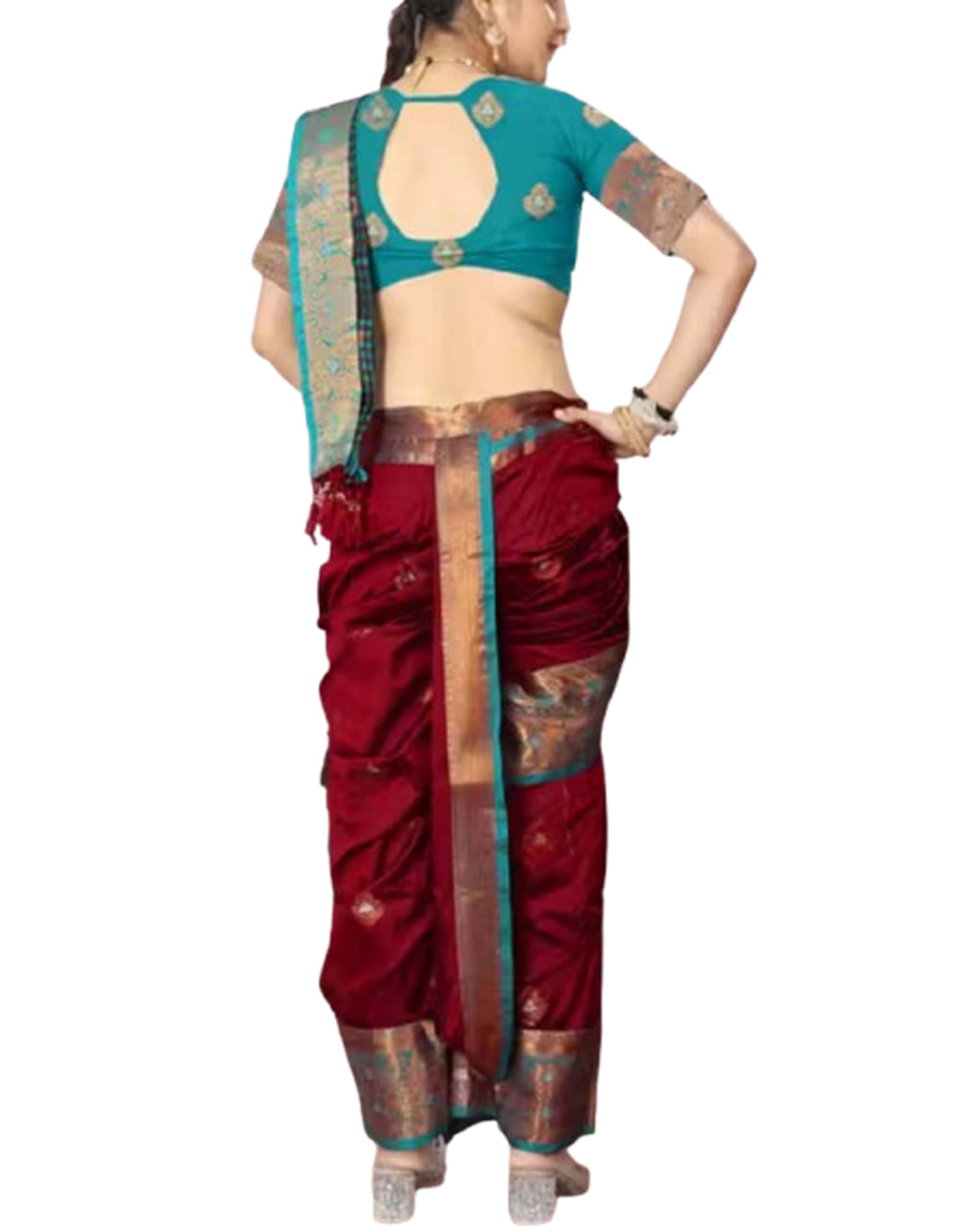 Jolly Women`s Cotton Silk Nauvari Saree Marathi Maharastrian Saree for Young Lady With Contrast Blouse Piece -Maroon