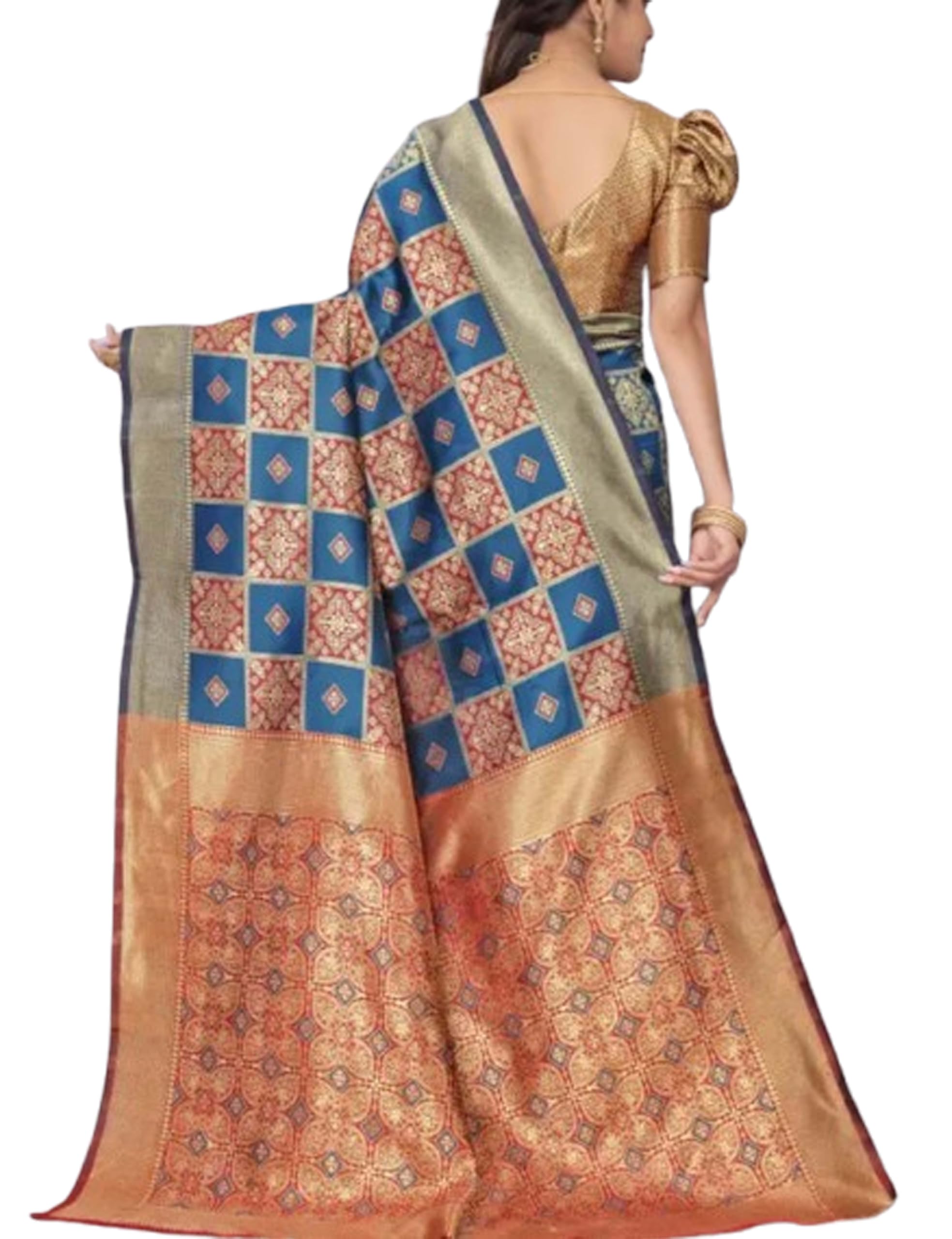 Banarasi Kanjivaram Patola Soft Silk Rich Pallu With Matching Brocade Blouse Pc- Blue Red