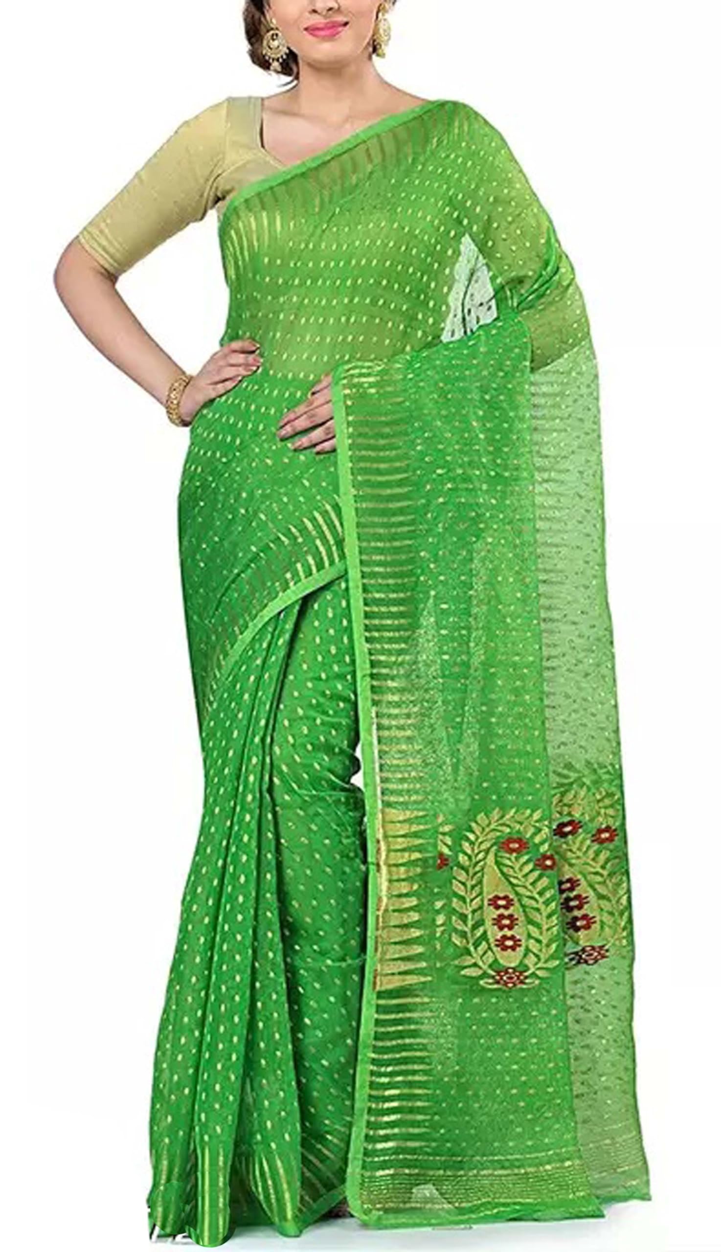 Women’s Cotton Hajarbuti Handloom With Jamdani Design Allover Bland Tant Saree- parrot Green