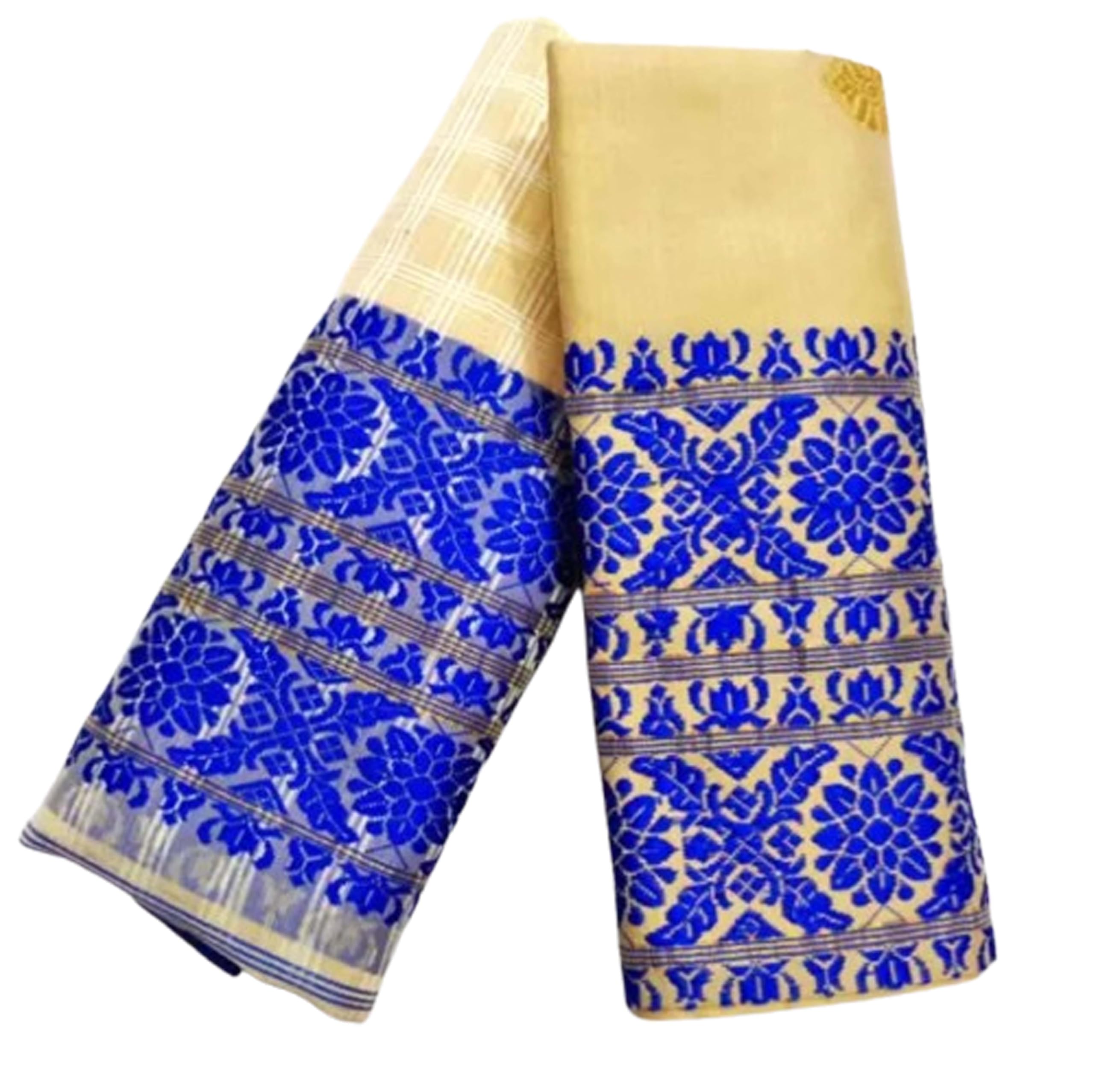 Women`s Assamese Mekhela Sador Santal Panchi Lungi Parhar Fabric of Soft Silk Traditional Design- Cream Blue