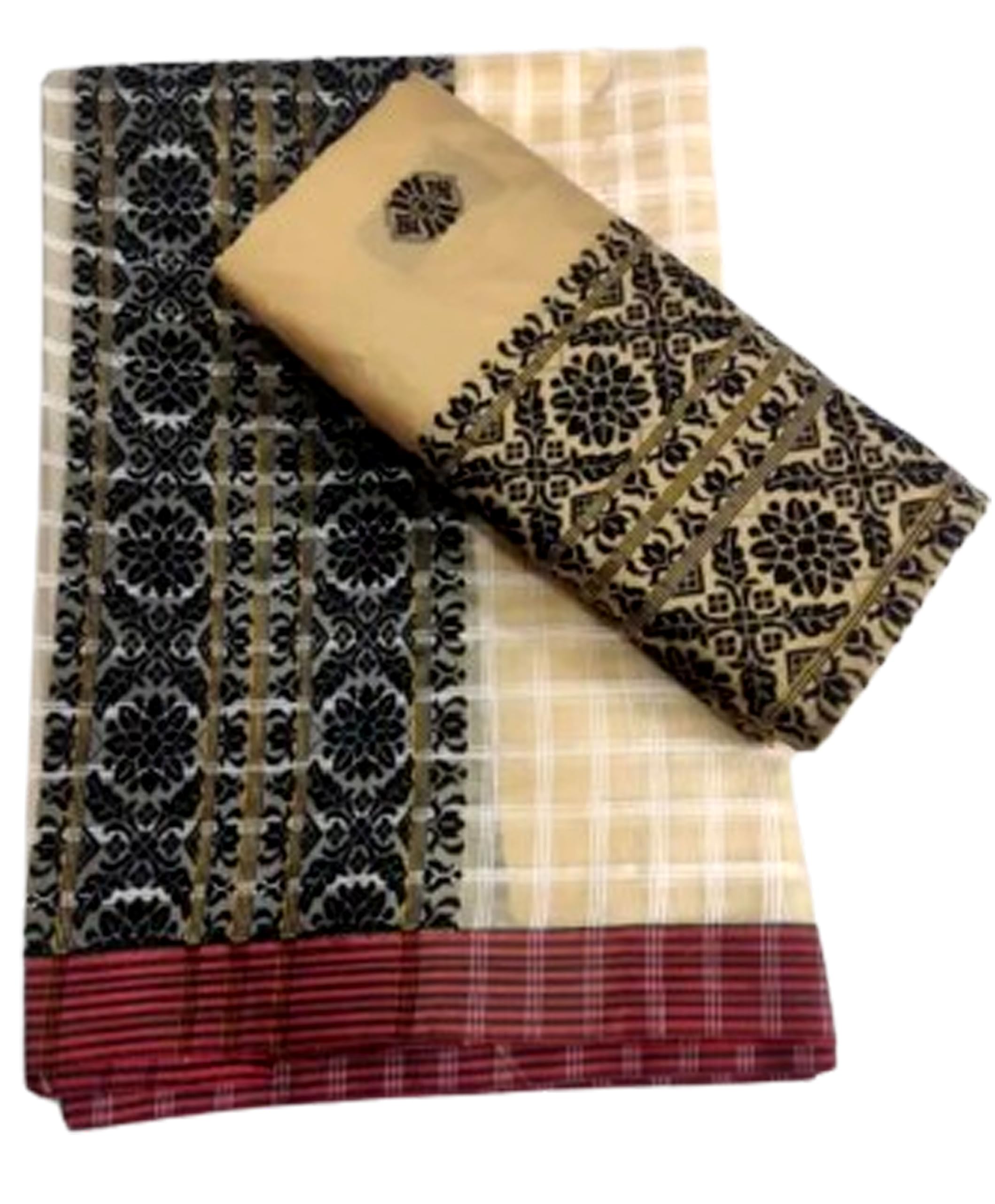  Assamese Mekhela Cotton Sador Jura Santal Panchi Parhar  - Cream Black Red