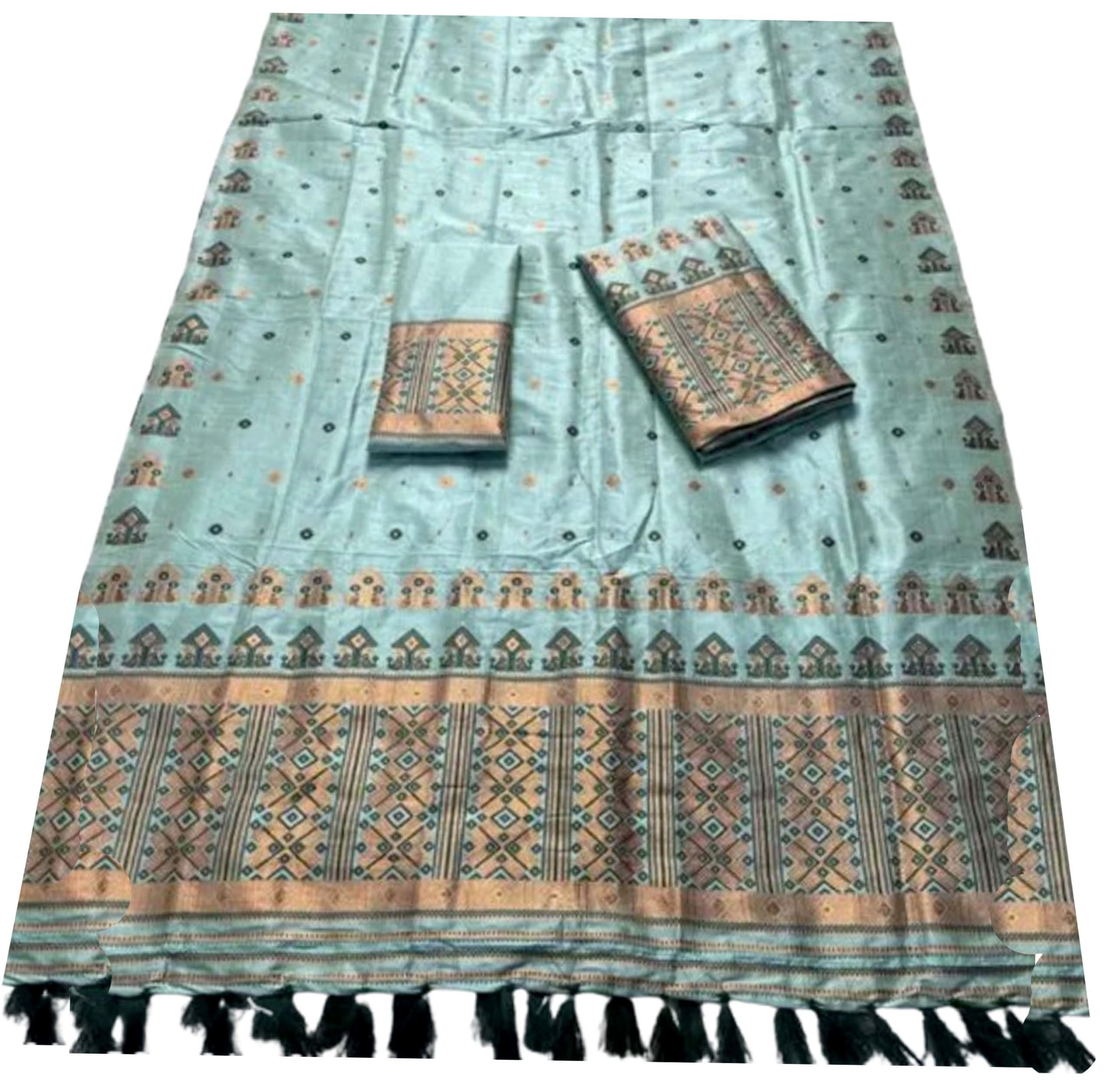 Women`s Assamese Mekhela Sador Santal Panchi Lungi Parhar Fabric of Soft Silk Traditional Design-Turquoise Green