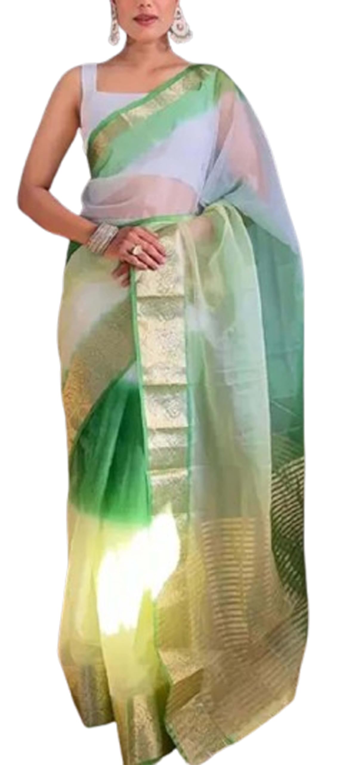 Women`s Organza Soft Silk Flower Desgin Stylish Sensational Saree - Green White