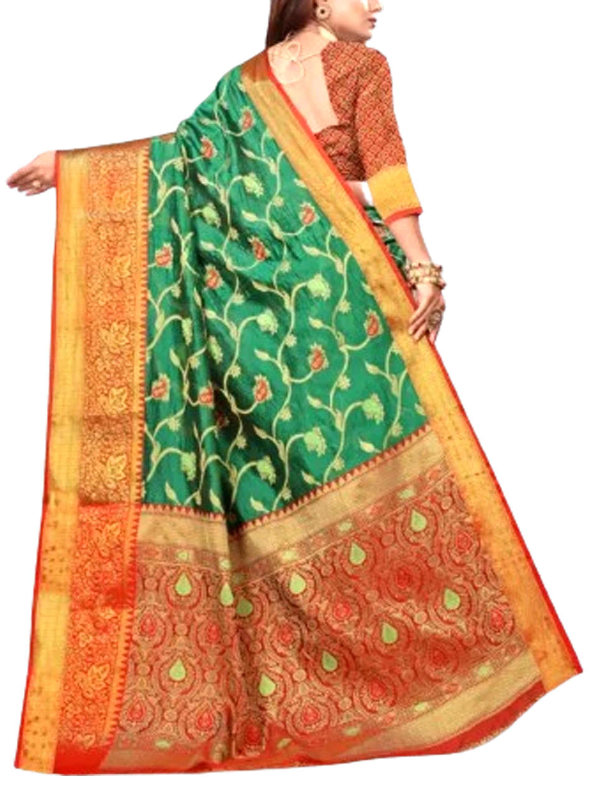 Banarasi soft Silk Rich Pallu Jaquard Zari work All Over Saree With Jaal Work Blouse- Green Red