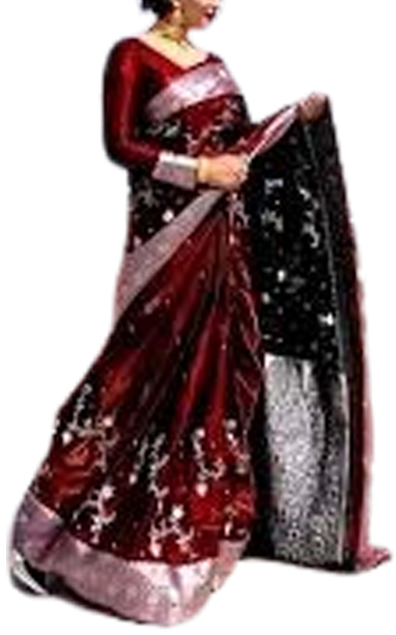 Bridal Maroon Banarasi Satin Silk Saree Silver Zari Pallu - Red