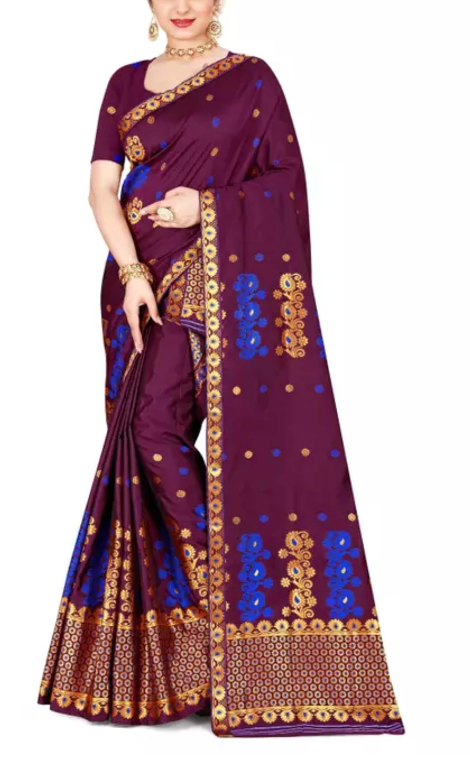 Women`s Assamese Mekhela Sador Paat Santal Panchi Lungi Parhar Fabric of Soft Silk Traditional Design- Purple