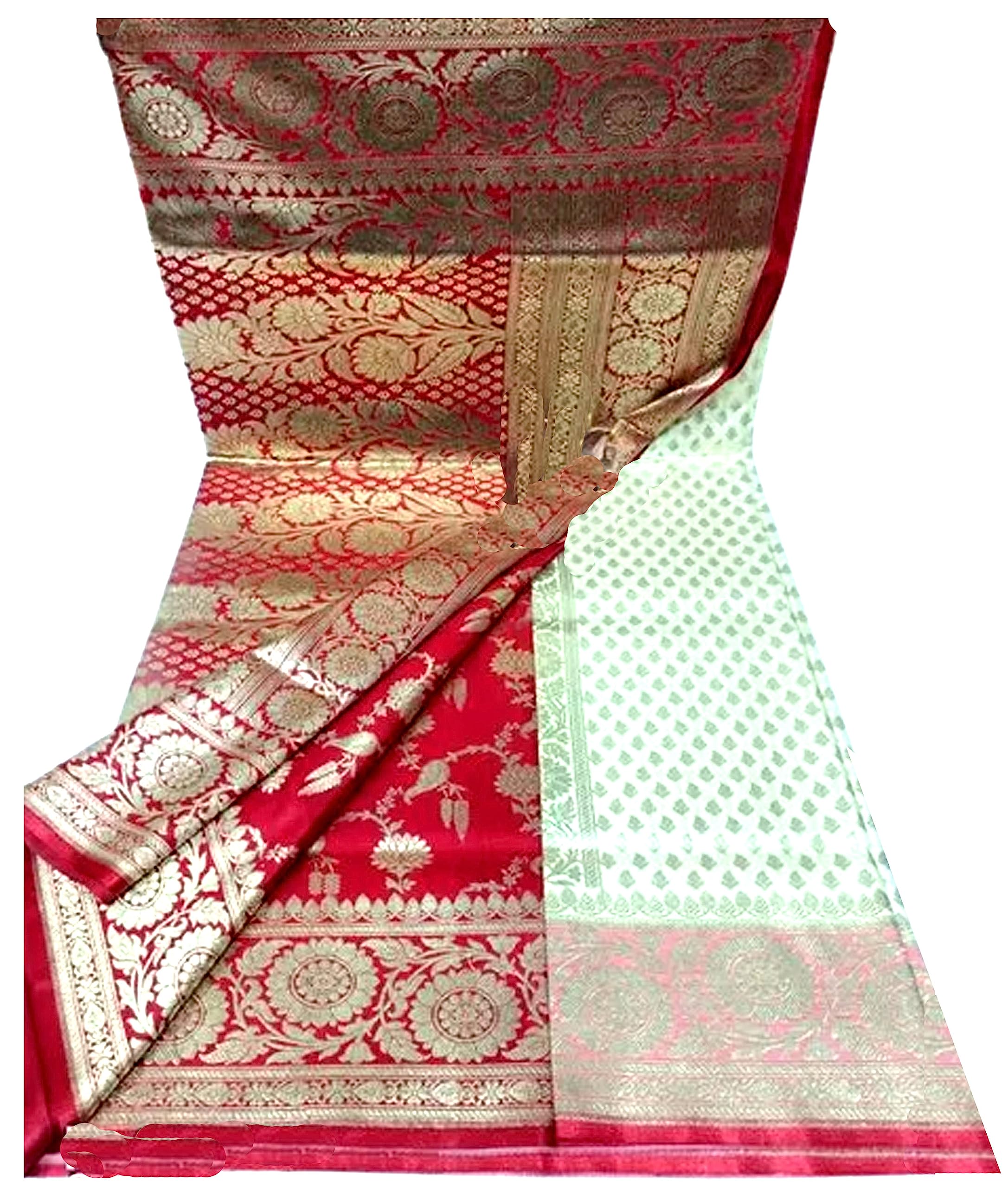Women Jolly Banarasi Katan Silk Saree With All Over Golden Zari Border - White Red (Small Buti)