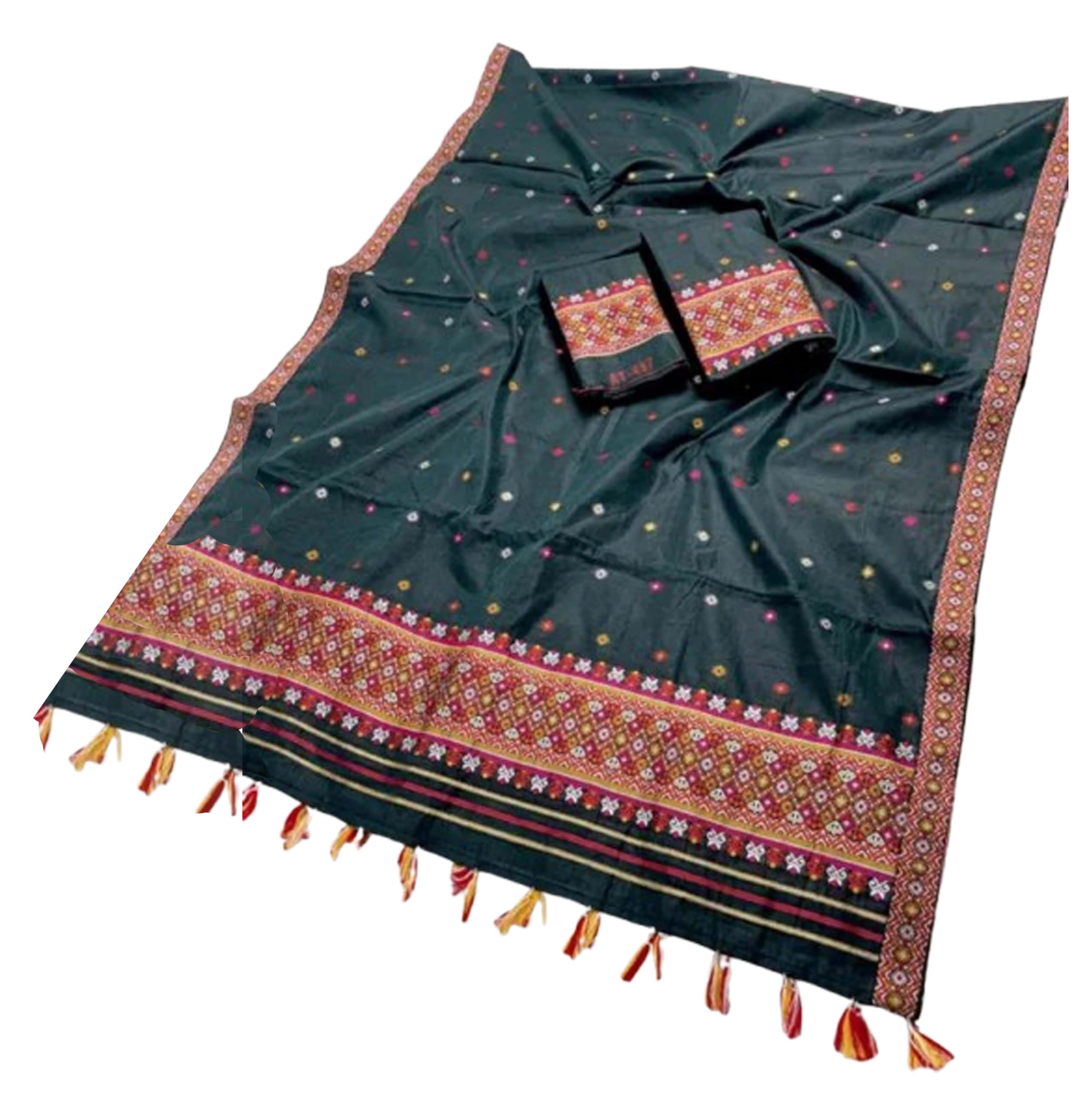 Women`s Assamese Mekhela Sador Paat Santal Panchi Lungi Parhar Fabric of Soft Silk Traditional Design- Forest Green Buti