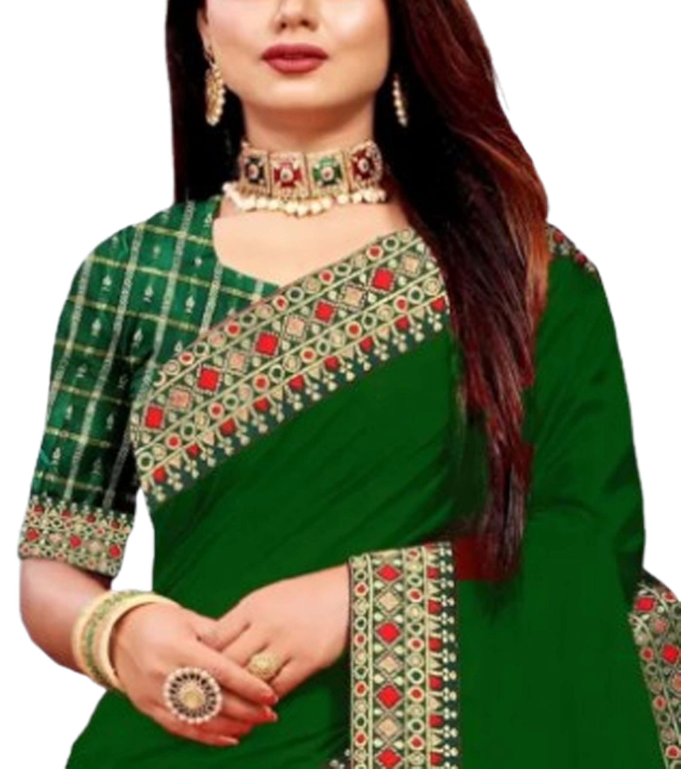 Women`s Georgette Embroidery Stylish Pallu With Blouse Piece - Deep Green