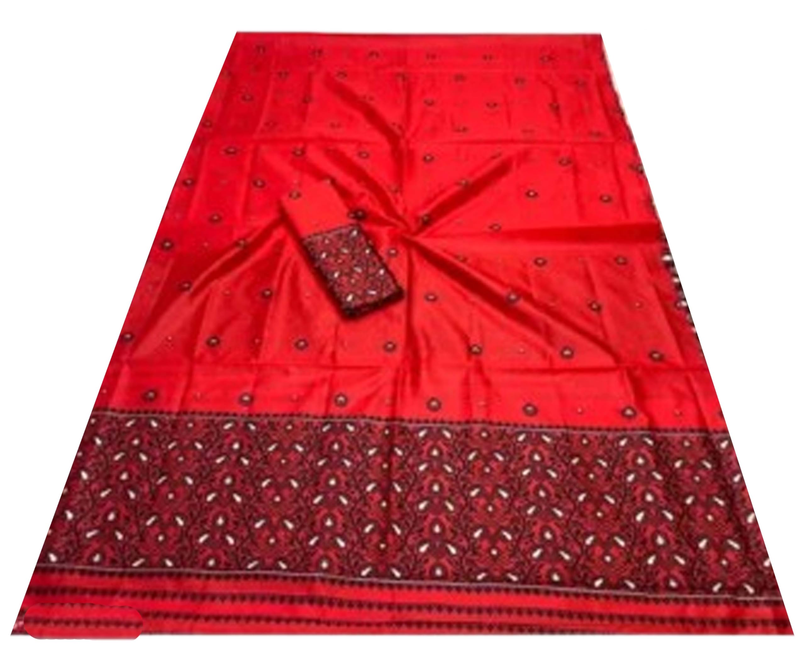 Women`s Bridal Wedding Assamese Mekhela Sador Jura Santal Panchi Parhar Pure Fabric Soft Silk Traditional Design-Red Brown