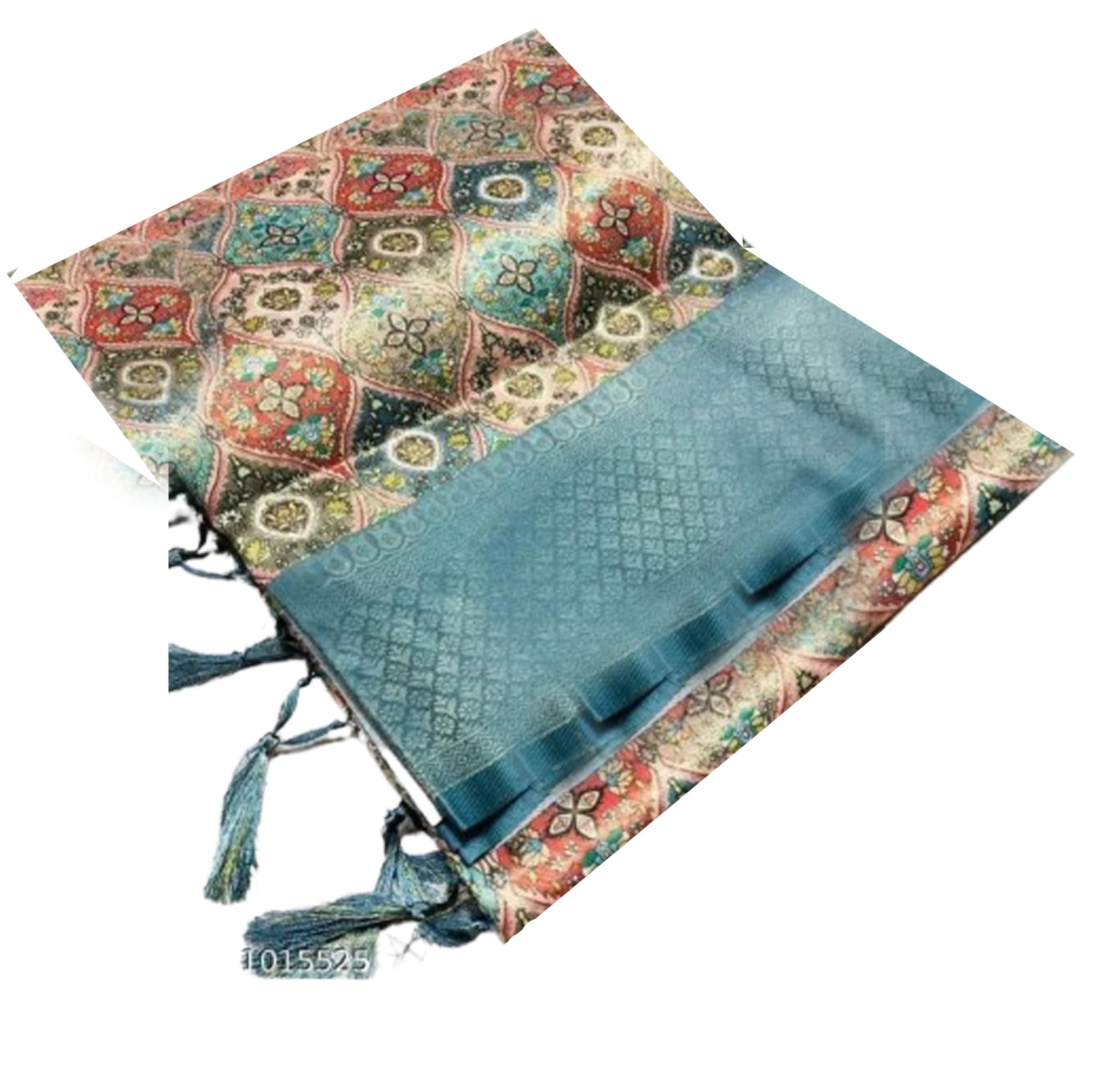 Women`Copper Zari Digital Print Soft Pattu Silk With Contrast Blouse Piece - Firozi Blue