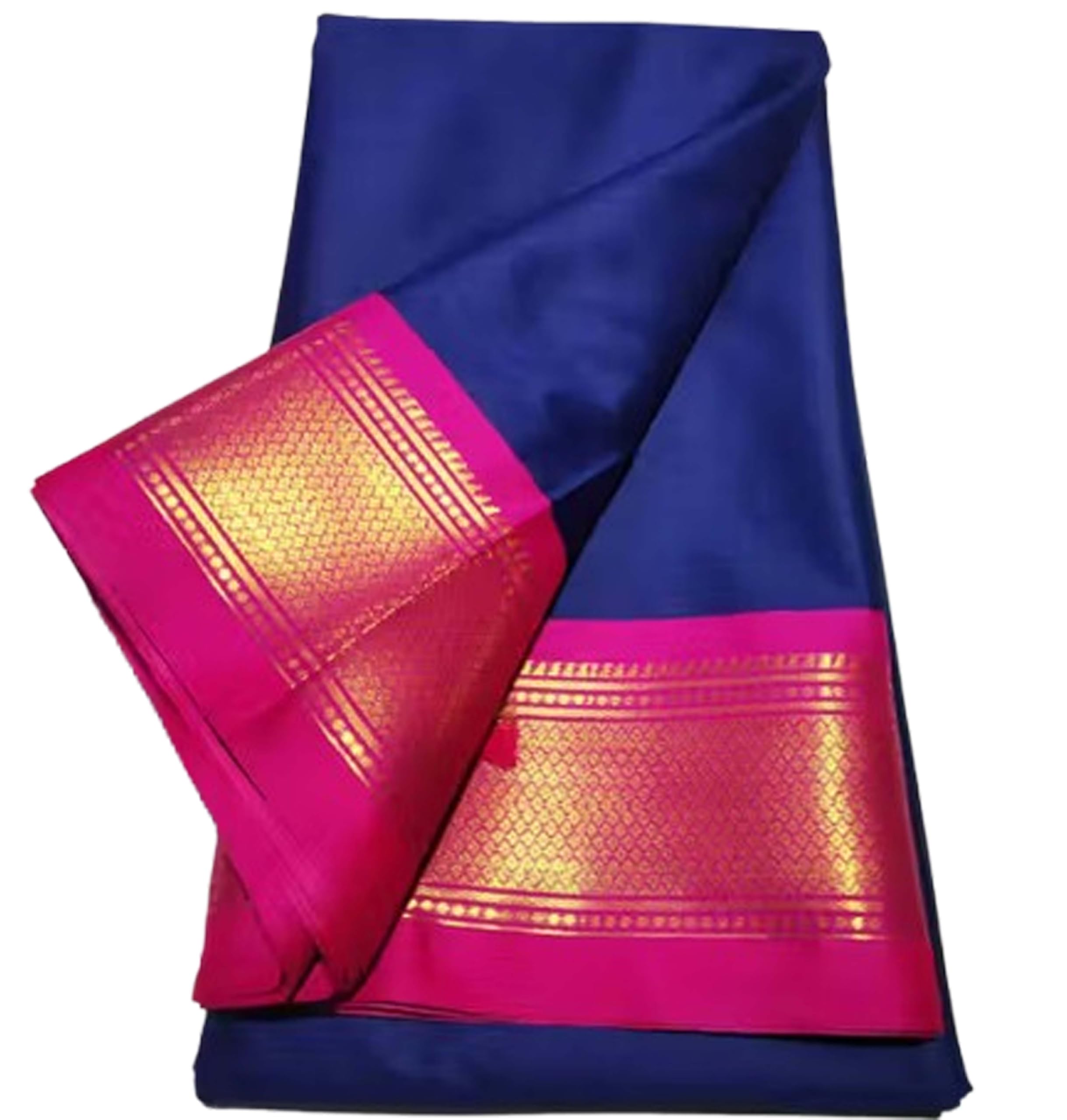 Jolly Mysore Karnataka Soft Chiffon Saree with Golden Broad Pallu Zari Border - Dark Blue Pink