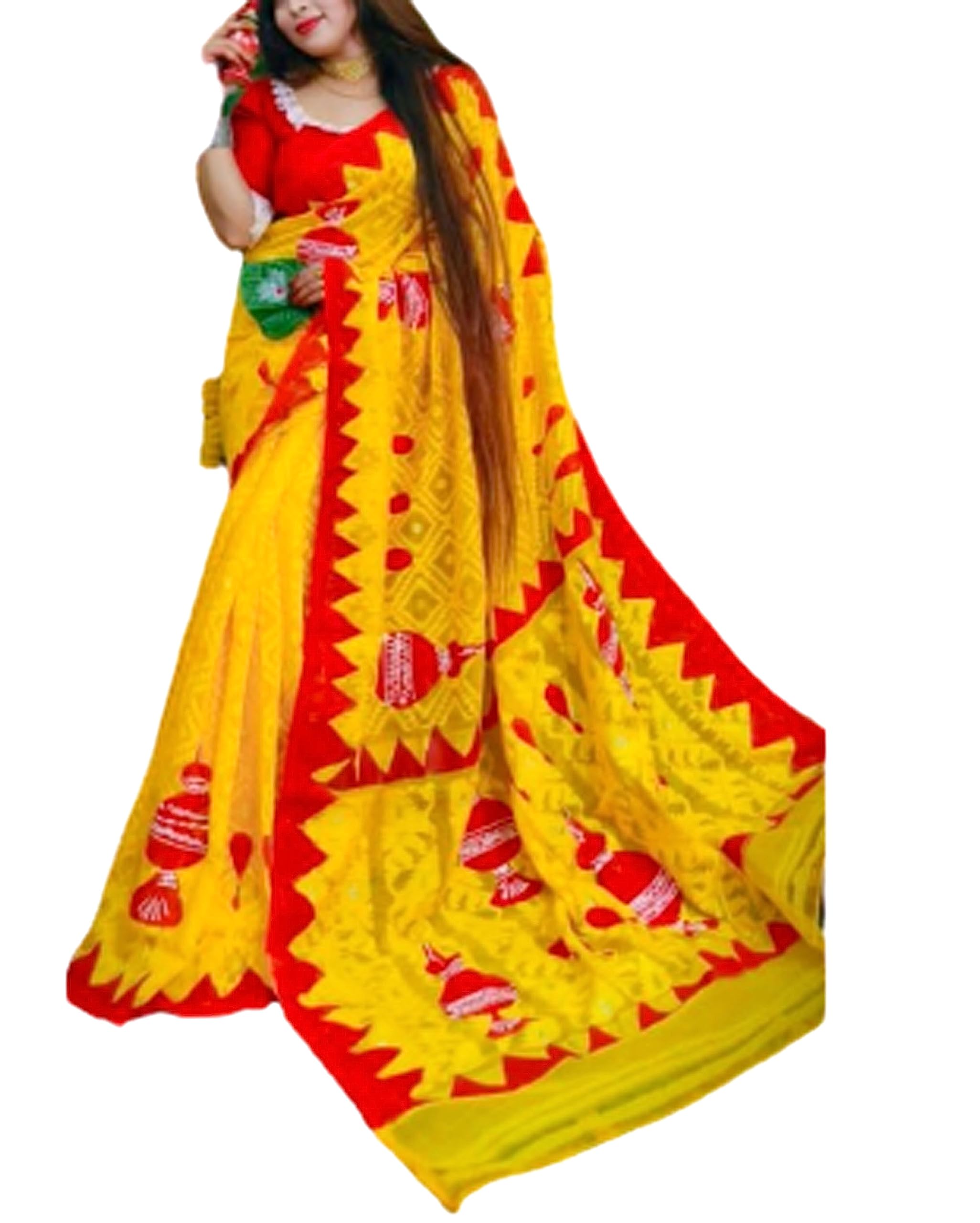 Jolly Yellow Marriage Wedding Saree Gaye Halud Haldi Sindur Kouta Cotton -Yellow